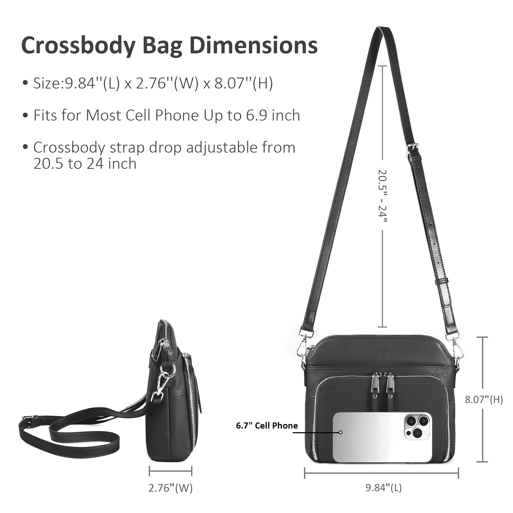 befen Black Genuine Leather Crossbody Purses for Women, Women's Small Crossbody Shoulder Bag Travel Purse with Built in RFID Wallet