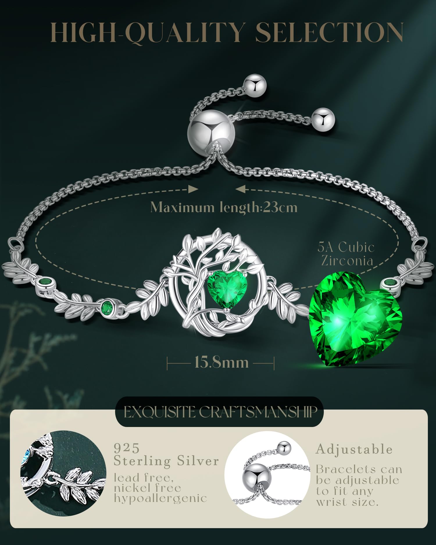 FANCIME Tree of life Birthstone Bracelet for Women Sterling Silver Tree Jewelry Emerald Charm Bracelet May Birthday Green Gemstone Anniversary Christmas Gifts for Girlfriend Wife Mom Her