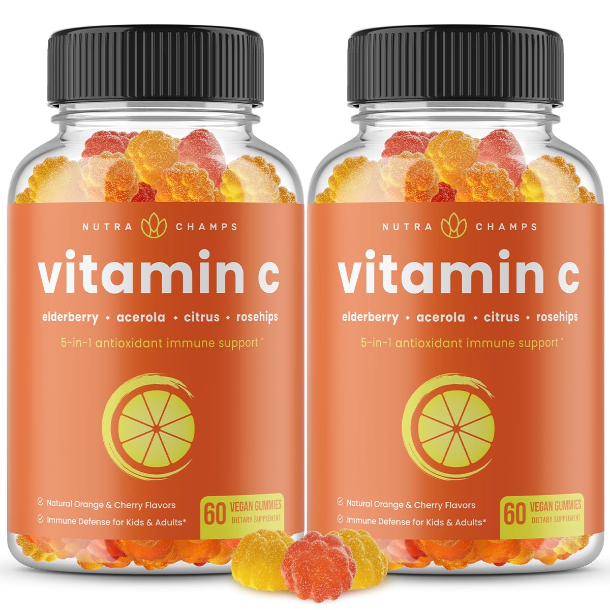 Vitamin C Gummies for Adults & Kids | 5-in-1 Immune System Support with Elderberry, Rosehips, Citrus Bioflavonoids & Acerola Cherry | Vegan VIT C Immunity Booster Supplement Chewable Gummy (2 Pack)