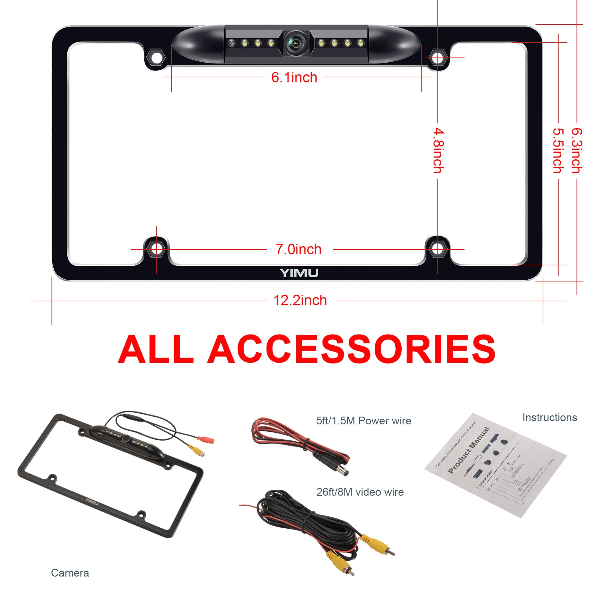 YIMU License Plate Frame Backup Camera HD Rear View Reverse Camera with 7 LED Night Vision 150 Degree Viewing Angle, Waterproof, for Cars/SUV/Pickup/Truck/Van/RV/Trailer Single Power Rear View System