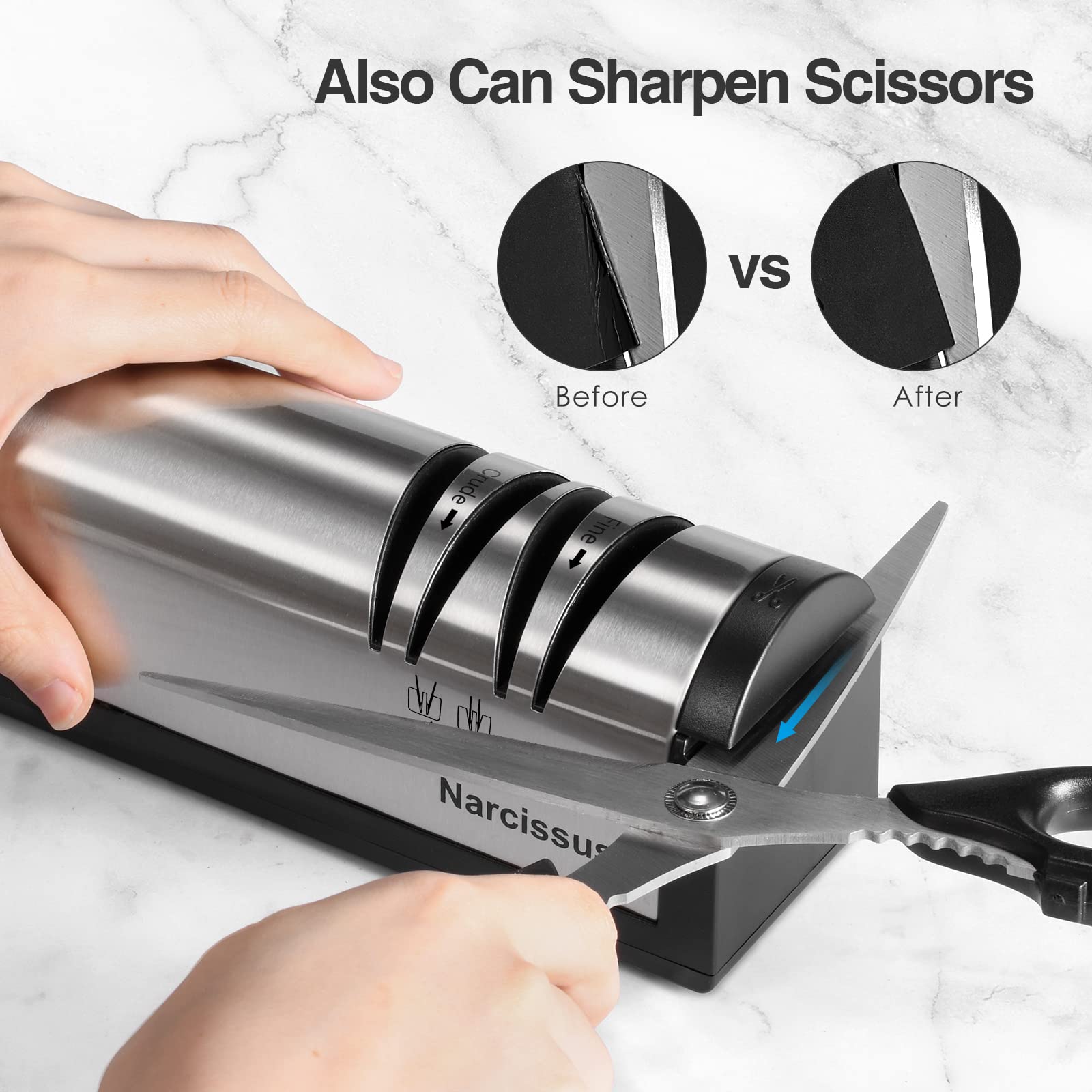 Narcissus Knife Sharpener, Professional 2 Stage Electric Knife Sharpener for Quick Sharpening & Polishing, with Scissors Sharpener and Metal Dust Collection Box, Stainless Steel, Silver