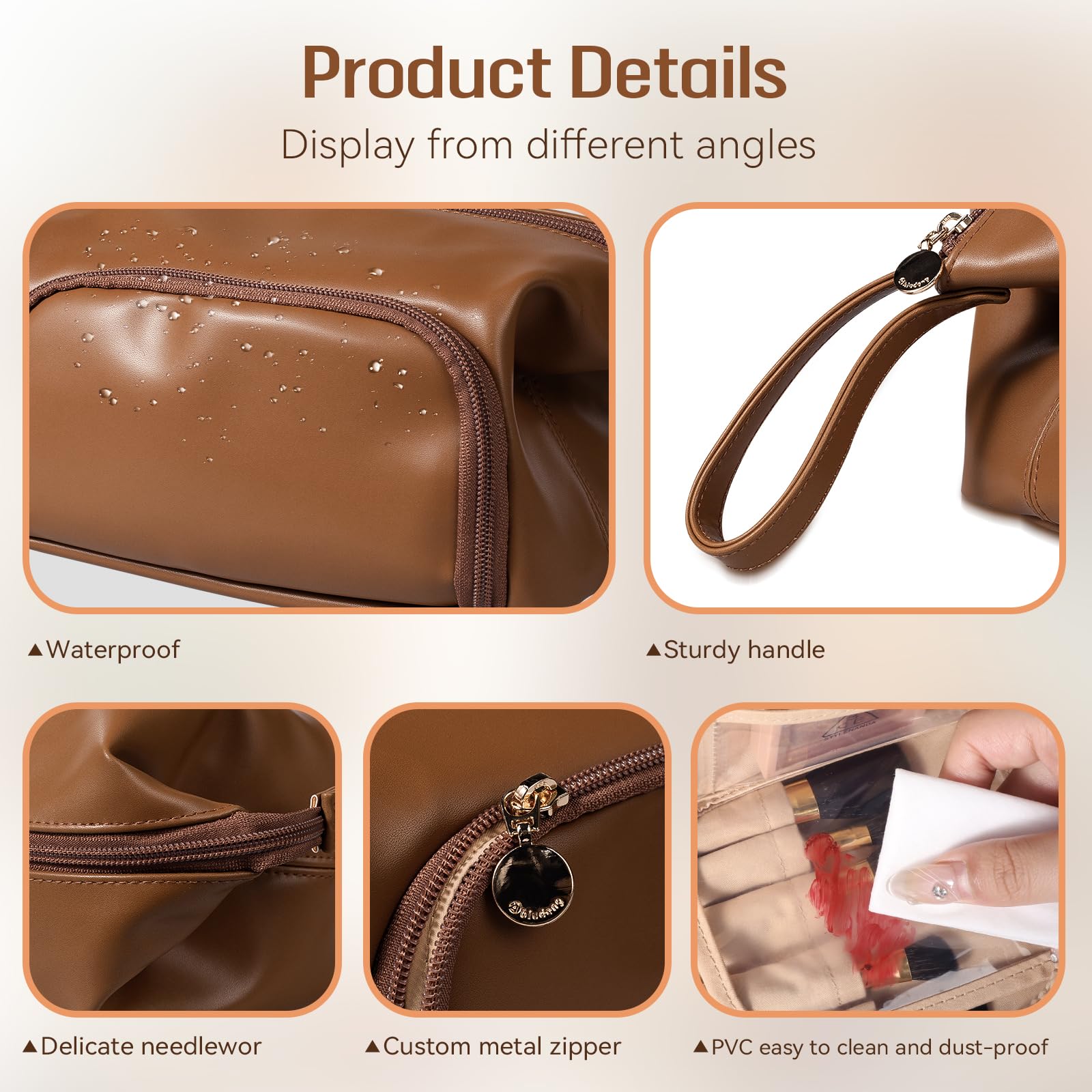 Abiudeng Makeup Bag for women,Toiletry Travel Makeup Bags Pouch with Brush Compartments, Large Portable Cosmetic Bag with Handle,Wide Open Cute Bag,PU Water-Resistant Makeup Bag-Brown