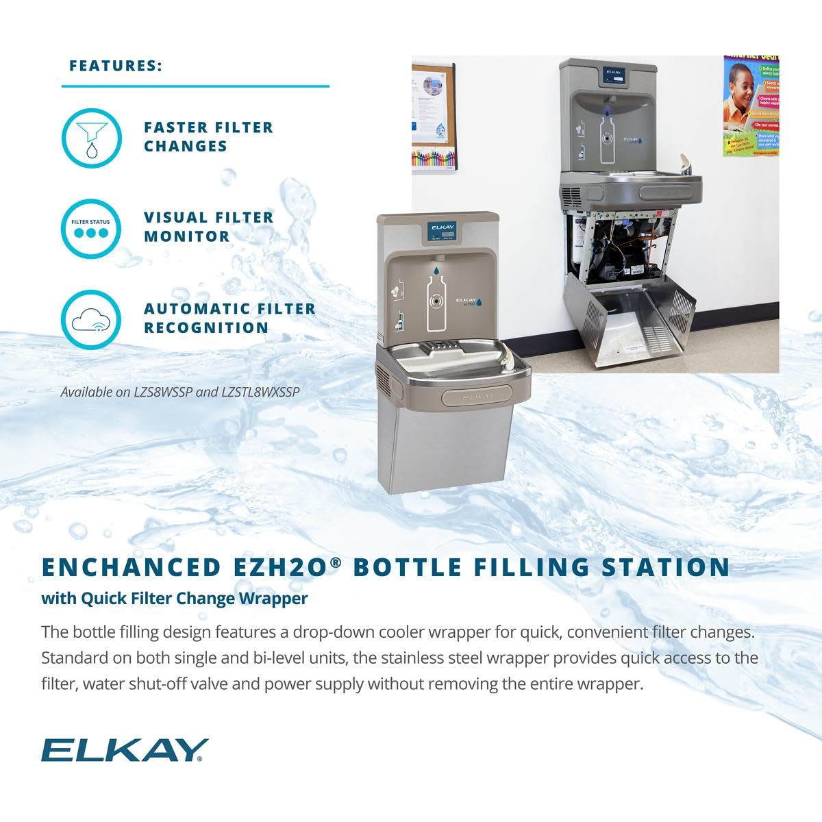 Elkay LZS8WSSP Enhanced ezH2O Bottle Filling Station & ADA Cooler Refrigerated Stainless High Capacity Lead Reduction Quick Filter Change, Single, Stainless Steel