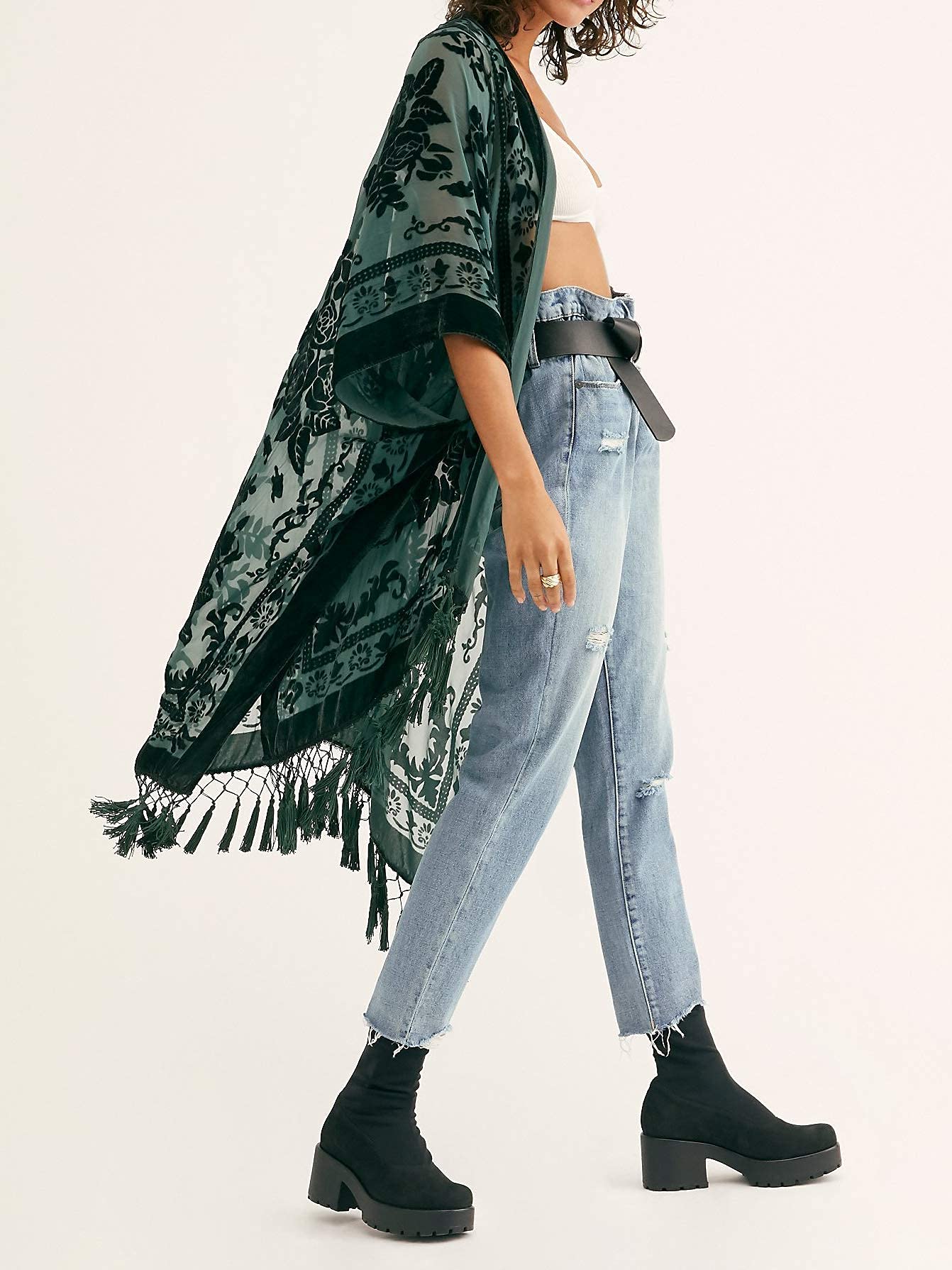 WeHello Women's Burnout Velvet Kimono Long Cardigan Cover Up with Tassel Dark Green