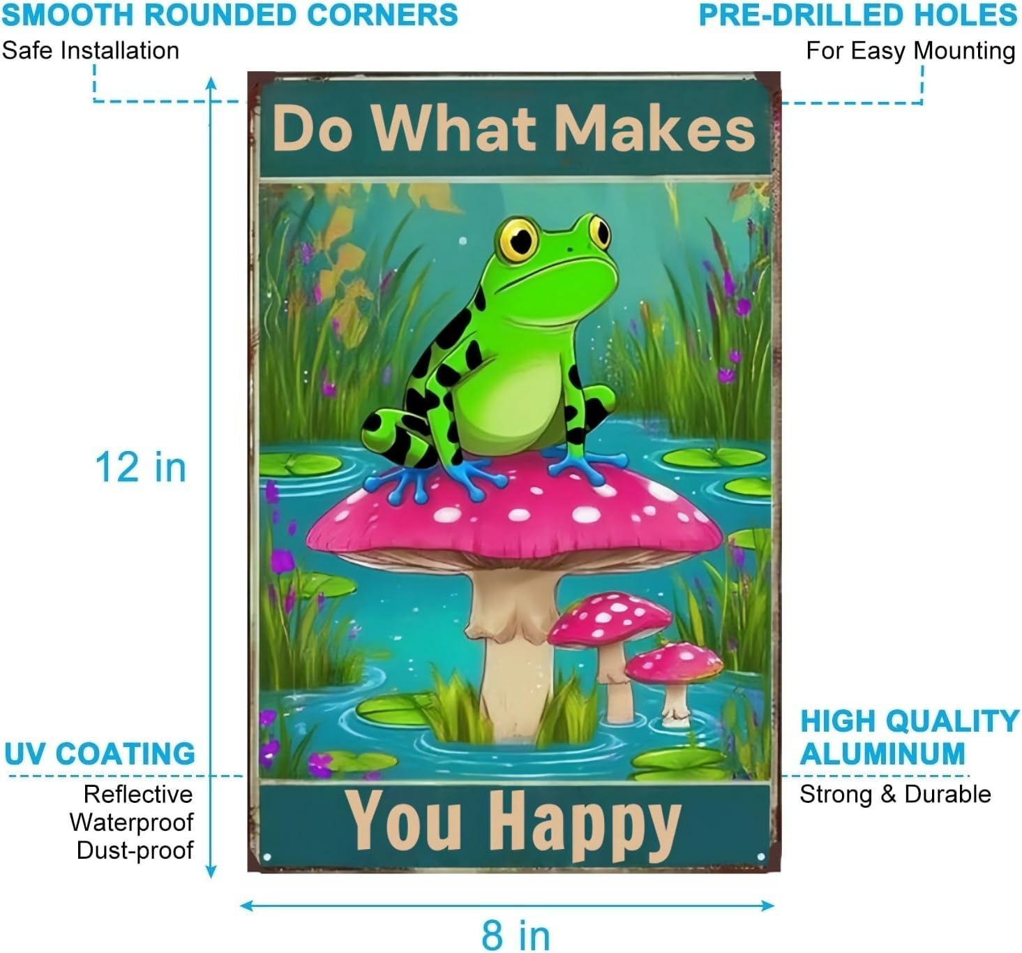 Carastora Cute Frog & Mushroom Metal Sign, Rustic Vintage Tin Wall Art for Home, Bedroom, and Office, Nature Inspired “Do What Makes You Happy ” Decorative Plaque, 12x8 Inch