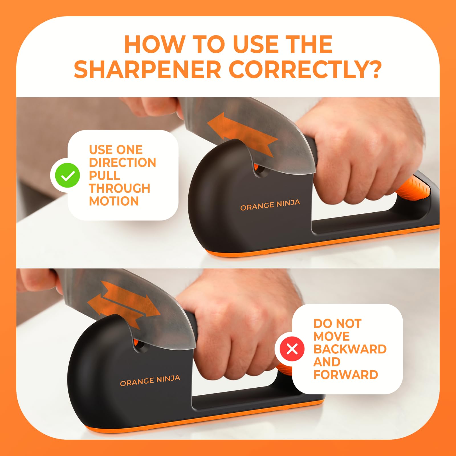 Orange Ninja 4-Stage Knife Sharpener - Premium Kitchen Knife Sharpeners - Adjustable Handheld Manual Knife Sharpeners for Pocket knife, Chefs & Serrated Knife by Sharp Pebble