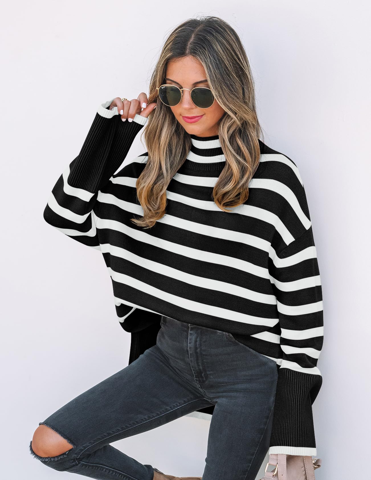 ZESICA Women's Winter Sweaters Casual Turtleneck Long Sleeve Striped Side Slit Loose Pullover Sweater Jumper Tops,Black,Small