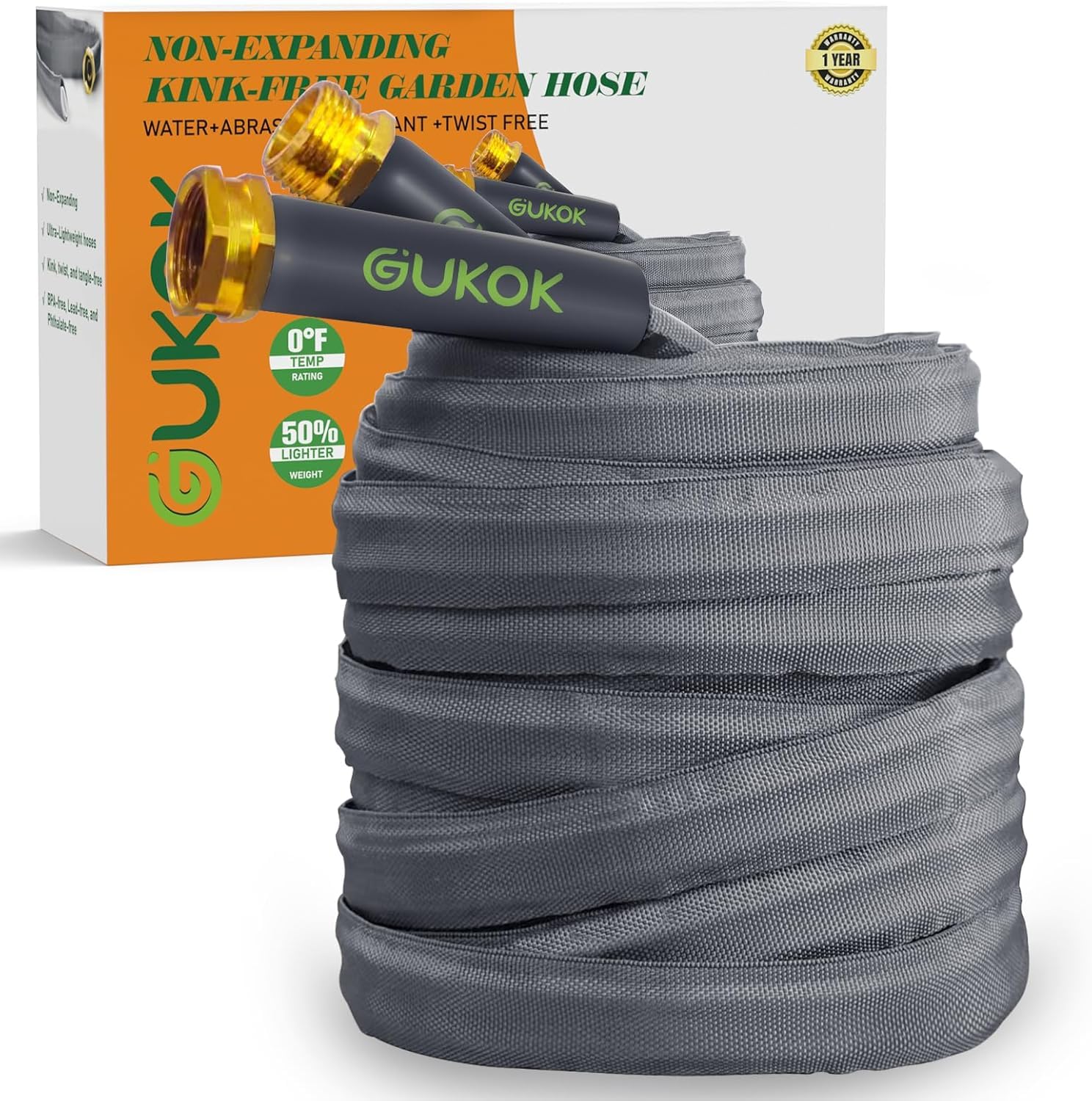 GUKOK 2024 Upgraded Non-Expanding Garden Hose 50ft,Flexible Ultra-Light Water Hose, Burst-Resistant, Lead-Free, Anti-Kink, High-Pressure, Ideal for All-Season Use