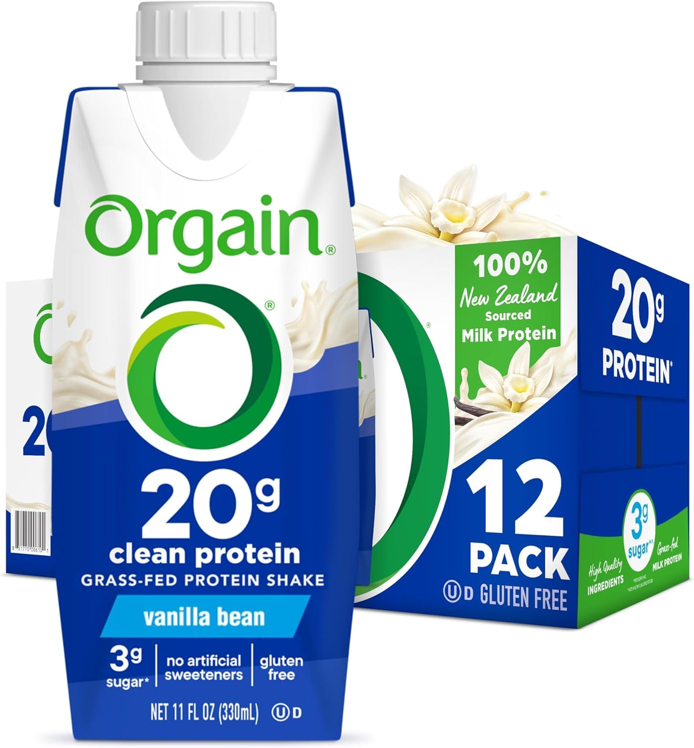 Orgain Clean Protein Shake, Grass Fed Dairy, Vanilla Bean - 20g Whey High Protein, Kosher, Ready to Drink, Low Net Carbs, Gluten Free, No Soy Ingredients, 11 Fl Oz (Pack of 12)