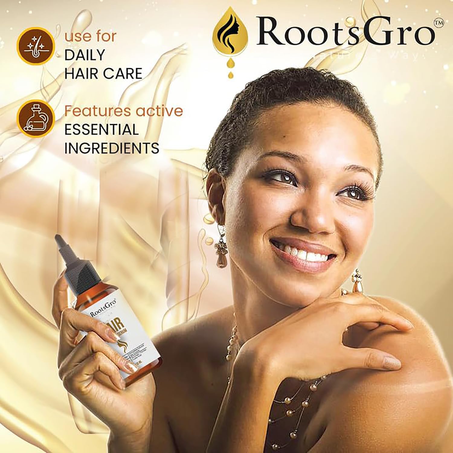 RootsGro 100% Natural Hair Growth Serum - Potentially Supports Hair Repair, Nourishes for Thicker, Fuller Hair - Infused with Argan, Jojoba, Castor Oils - Ideal for Daily Hair Care Routine - 4oz
