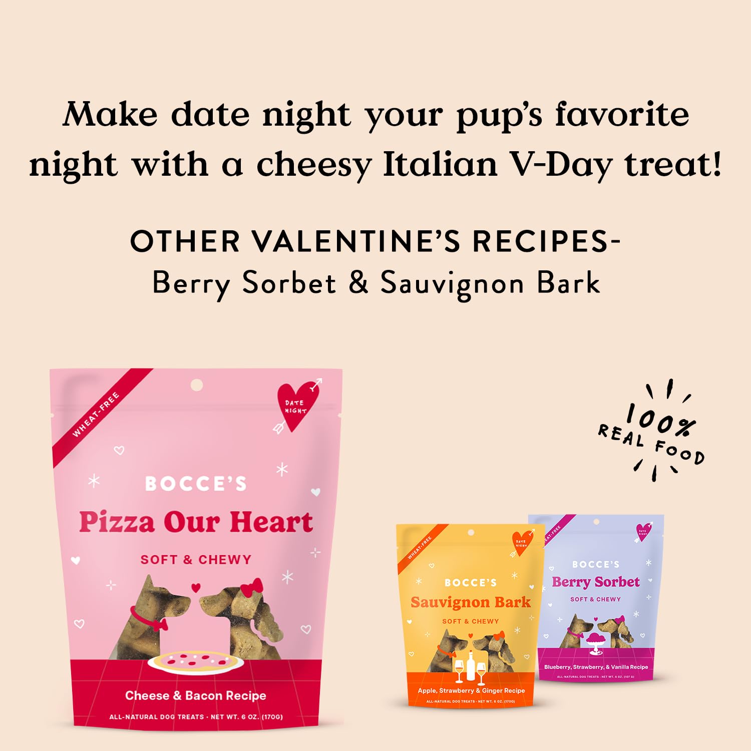 Bocce's Bakery Pizza Our Heart Treats for Dogs, Wheat-Free Everyday Dog Treats, Made with Real Ingredients, Baked in The USA, All-Natural Soft & Chewy Cookies, Cheese & Bacon, 6 oz