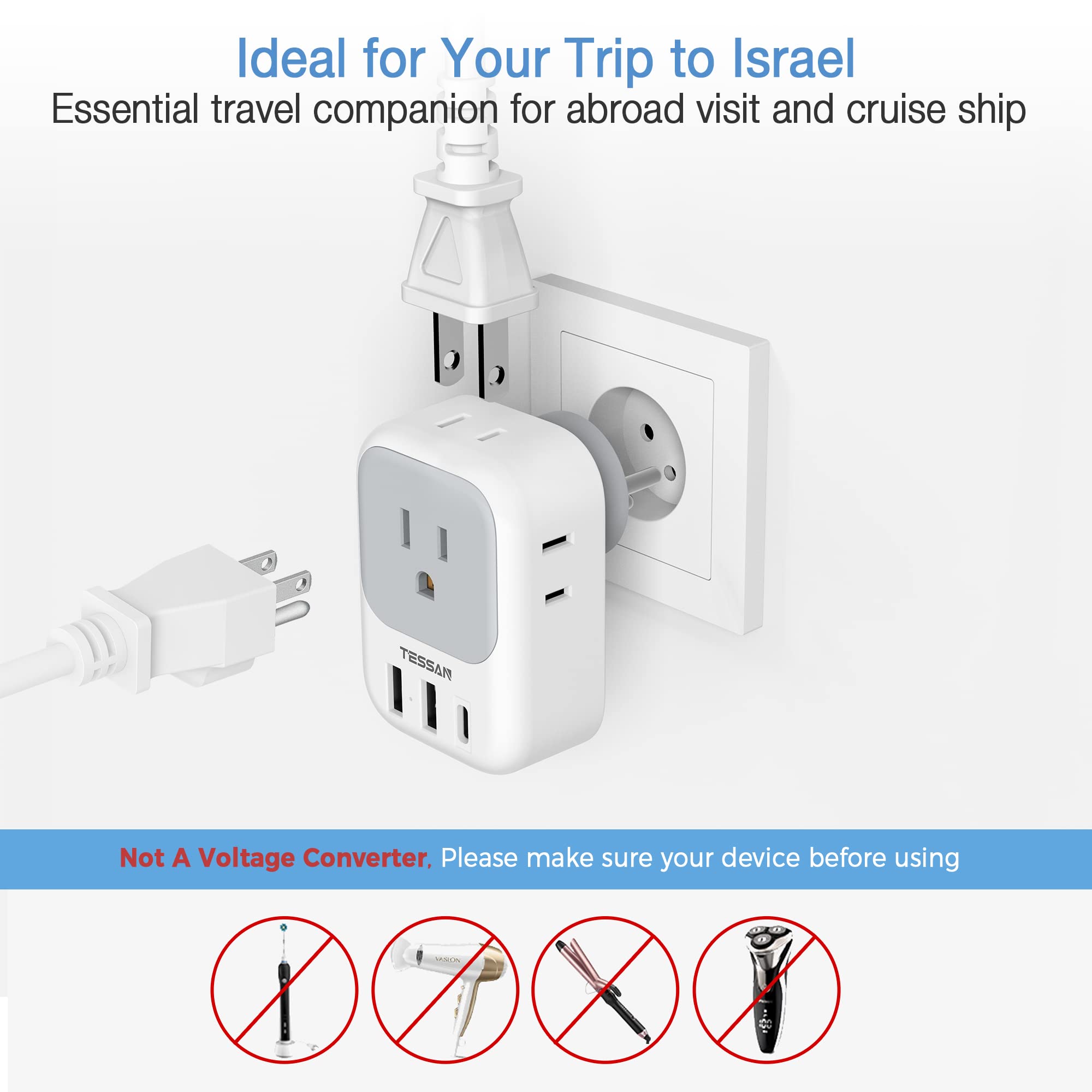 TESSAN Israel Power Adapter, US to Israel Plug Adapter with 4 American Outlets 3 USB Charger (1 USB C Port), Type H Travel Adaptor for USA to Israel Palestine Jerusalem