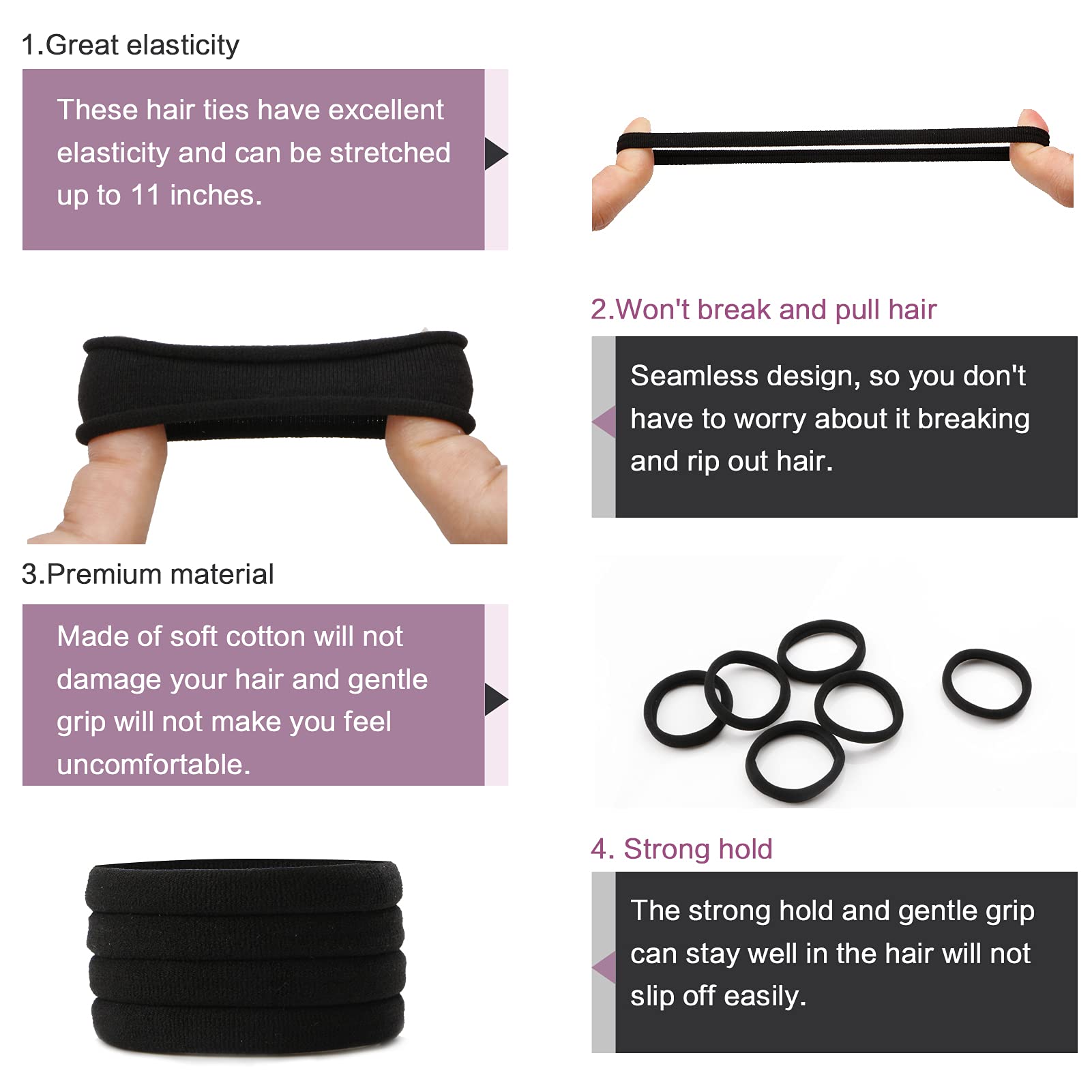 100PCS Black Hair Ties for Women, Seamless Cotton Hair Bands, No Crease No Damage Hair Tie for Thick Thin Hair, Soft Ponytail Holders Hair Accessories for Girls, Christmas Gifts Holiday Accessories