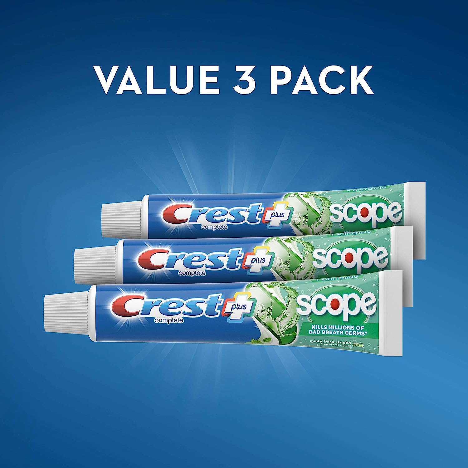 Crest + Scope Whitening Toothpaste - Pack of 3, 5.4 Oz Tubes - Anticavity Fluoride Toothpaste, Fresh Breath, Kills Germs - Tartar Protection, Enamel Protection - Minty Fresh Flavor