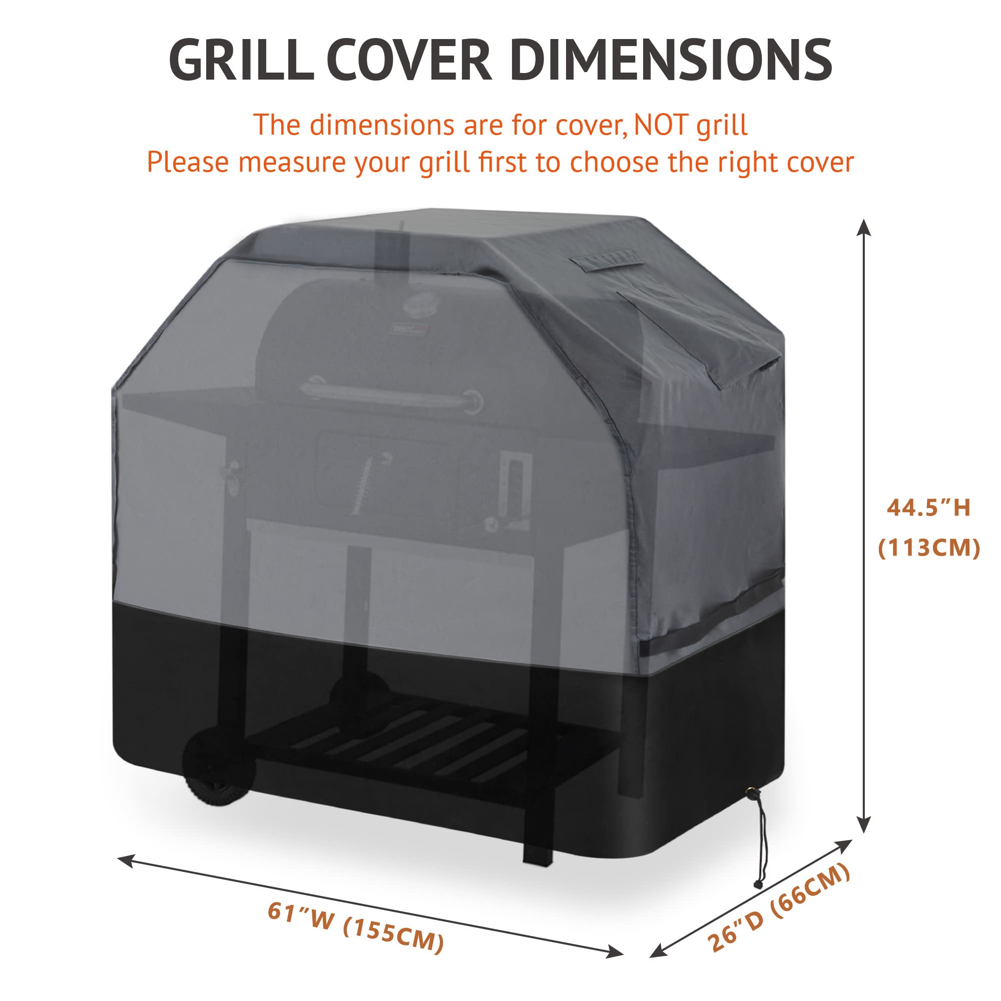 Waykea Heavy Duty Grill Cover 61 Inch, 600D Oxford Water Resistant UV & Fade Resistant BBQ Cover for Weber Char-Broil Dyna Glo Nexgrill Charcoal Gas Grill (61”W x 26”D x 45”H, Gray/Black)