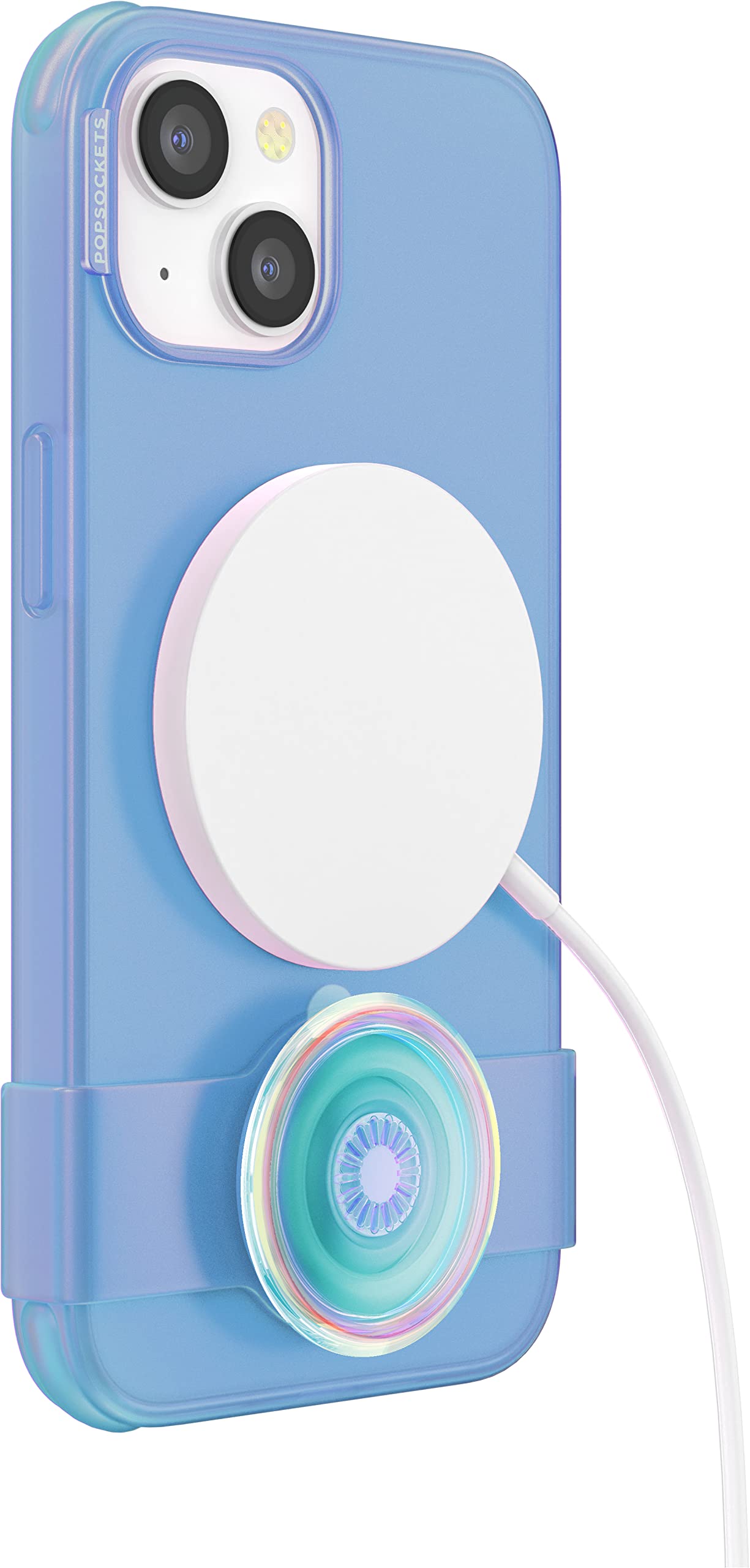 PopSockets iPhone 14 Plus Case with Phone Grip and Slide Compatible with MagSafe, Wireless Charging Compatible - Blue Translucent