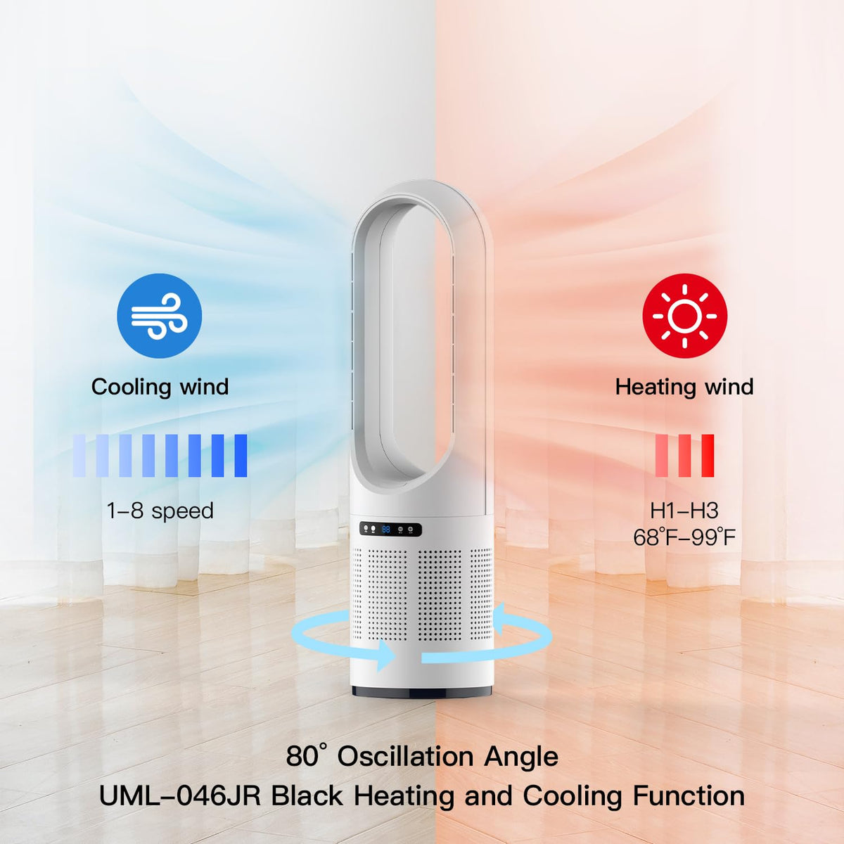 3 IN 1 Tower Fan, 31.5Inch Cooling & Heating Bladeless Fan, Floor Fan Combo 80° Oscillating with Remote, 8H Timer for Indoor, Bedroom, Home Office Room(White)