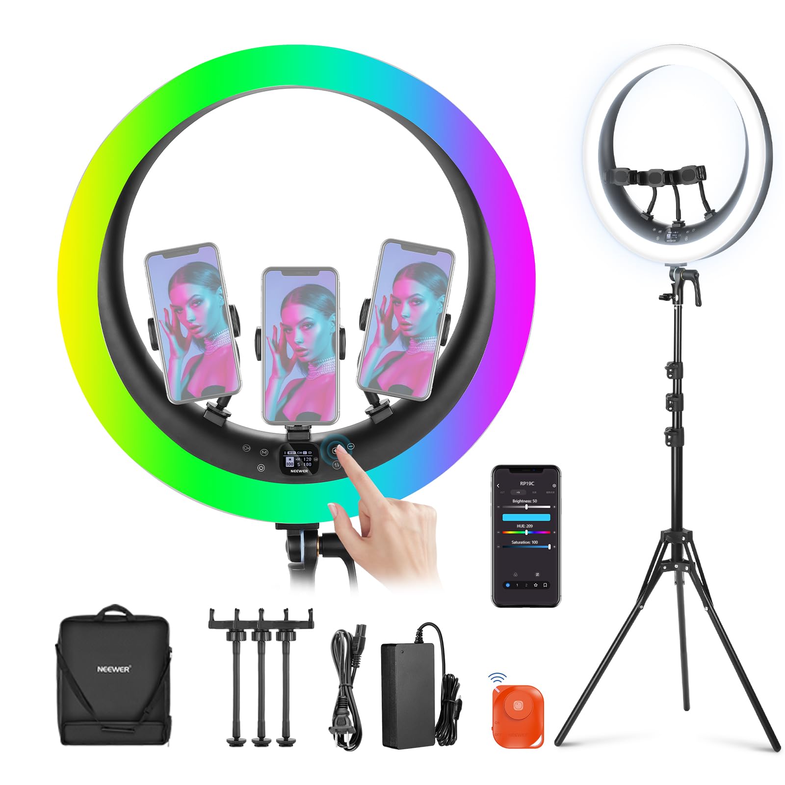 NEEWER 19" RGB LED Ring Light with Stand, 3 Phone Holders, Touch Panel, 2.4G/App Control, 42W CRI97+ 2800lux/0.5m 360° Hue Dimmable Professional Lighting for Makeup Live Streaming Zoom Calls, RP19C