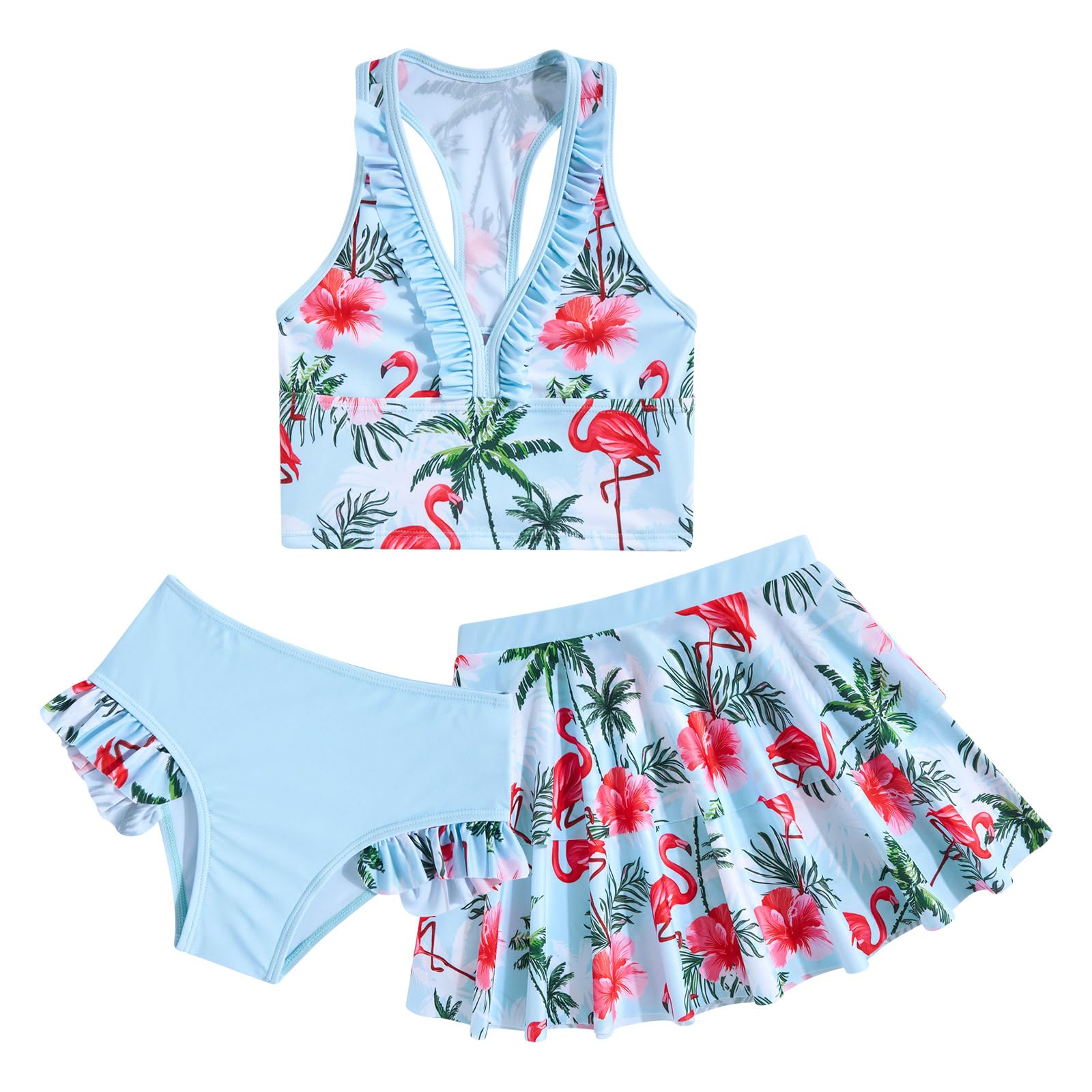 Youth Girls Tankini Flamingo 3 Piece Swimsuit Girls Hawaiian Tree Bathing Suit with Skirt 11-12 Years Beach Bikini Set