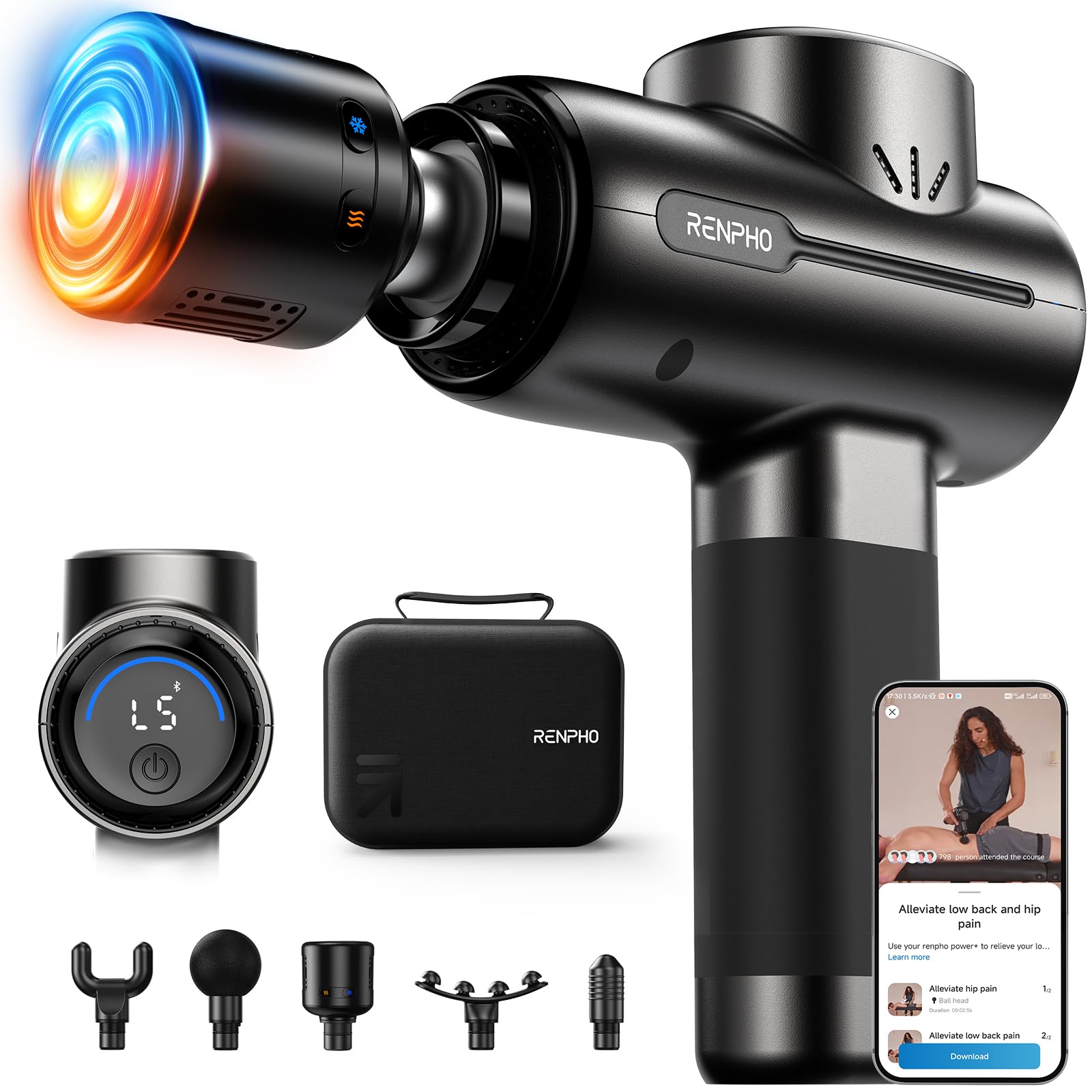 RENPHO Massage Gun with Heat and Cold, FSA HSA Eligible Percussion Muscle Deep Tissue Massager Portable with Bluetooth, Carry Case, Active+ Thermacool