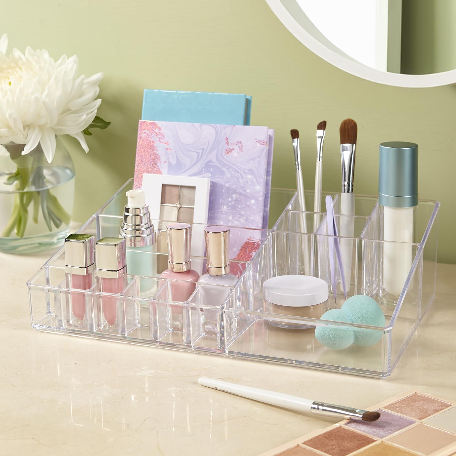 STORi Audrey Clear Vanity Makeup Organizer | 15-Compartment Holder for Brushes, Eyeshadow Palettes, & Beauty Supplies | Stacks on Audrey Storage Drawers | Made in USA