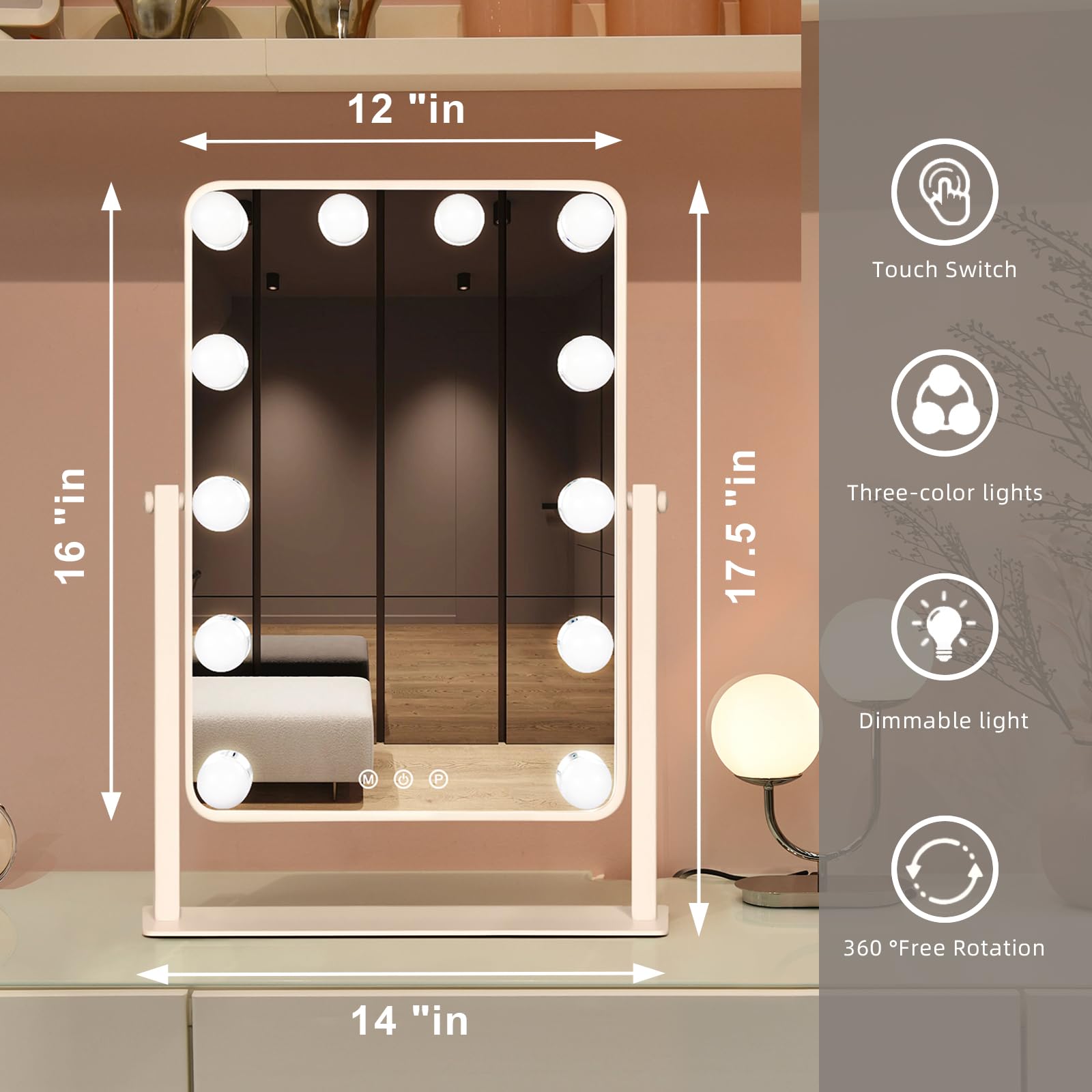 Leadzones Makeup Vanity Mirror with Lights,17.5"×13.7" Tabletop Led Hollywood Mirror with 12 Dimmable Bulbs,Smart Touch Control 3 Colors Light 10X Magnification 360°Rotation