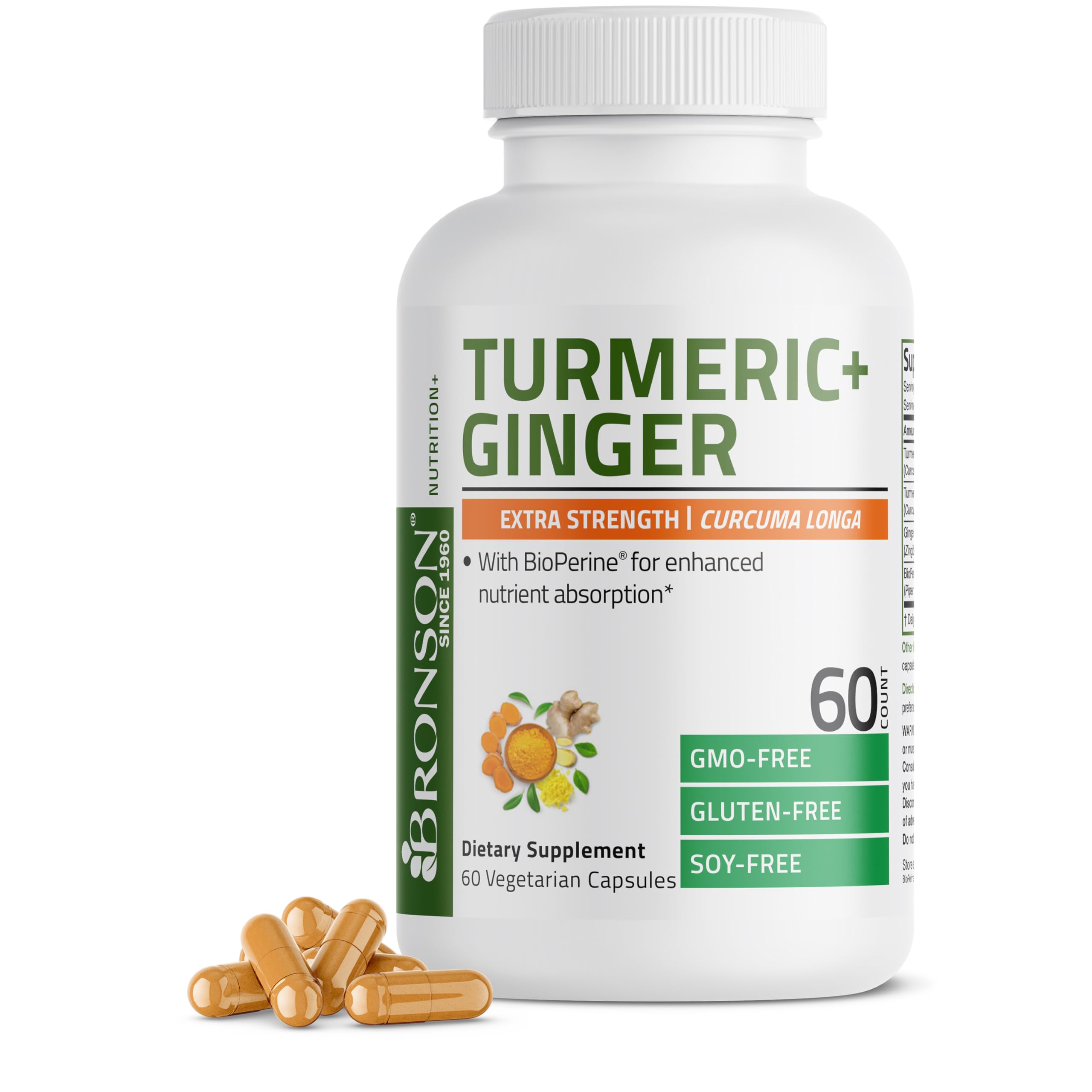 Bronson Turmeric + Ginger Extra Strength Joint Health & Digestion Support with BioPerine, Non-GMO, 60 Vegetarian Capsules