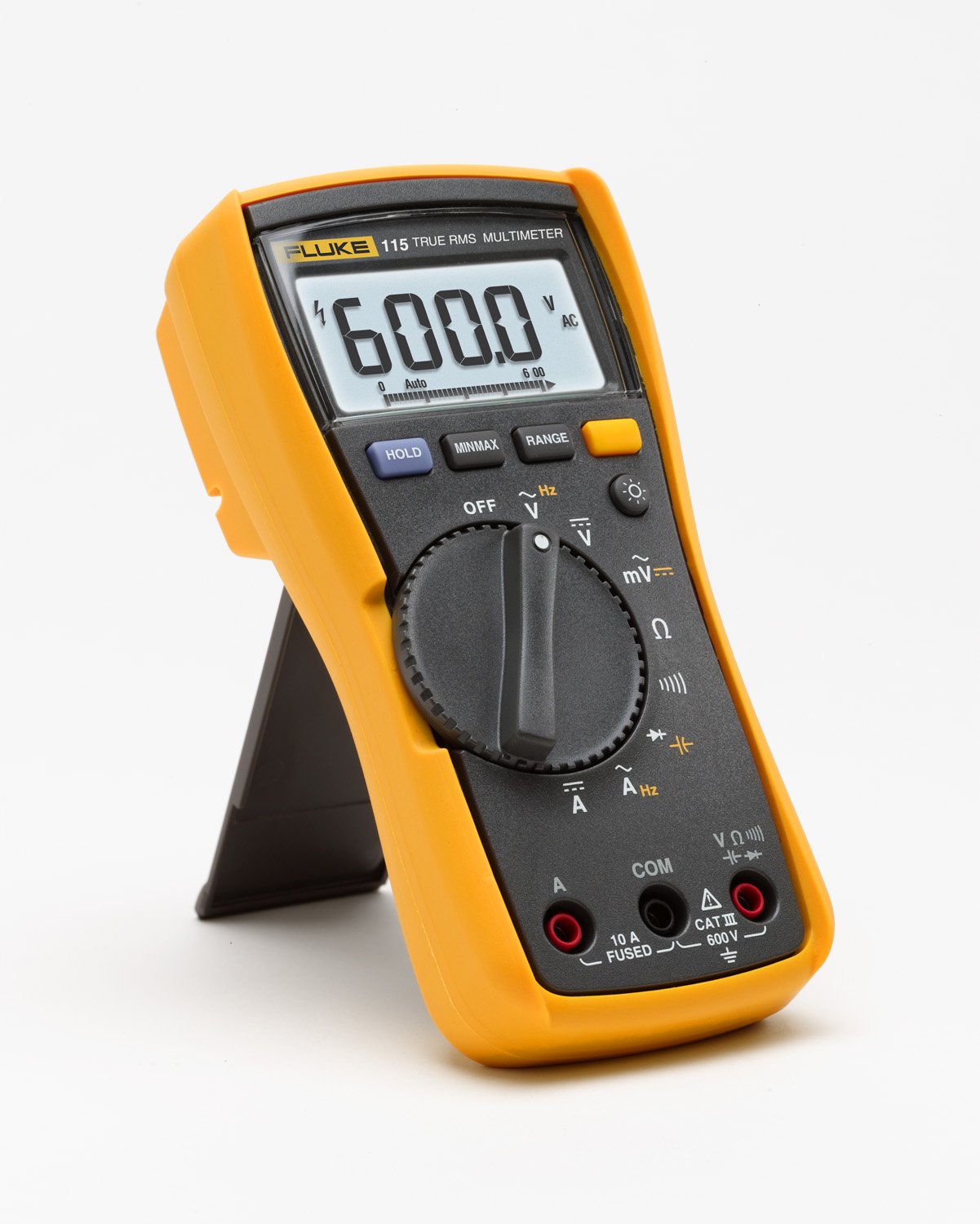 Fluke 115 Digital Multimeter, Measures AC/DC Voltage To 600 V & Current to 10 A, Measures Resistance, Continuity, Frequency & Capacitance, Includes Battery, Holster & 4mm PVC-Insulated Test Lead