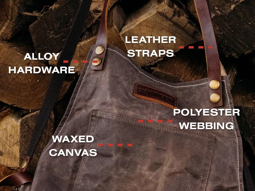 Breeo Waxed Canvas Apron - Leather Straps - D Rings & Pockets - Adjustable Straps