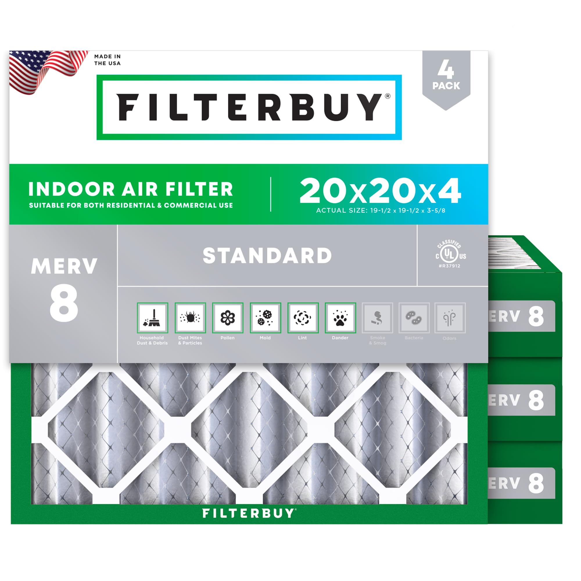 Filterbuy 20x20x4 Air Filter MERV 8 Dust Defense (4-Pack), Pleated HVAC AC Furnace Air Filters Replacement (Actual Size: 19.50 x 19.50 x 3.63 Inches)