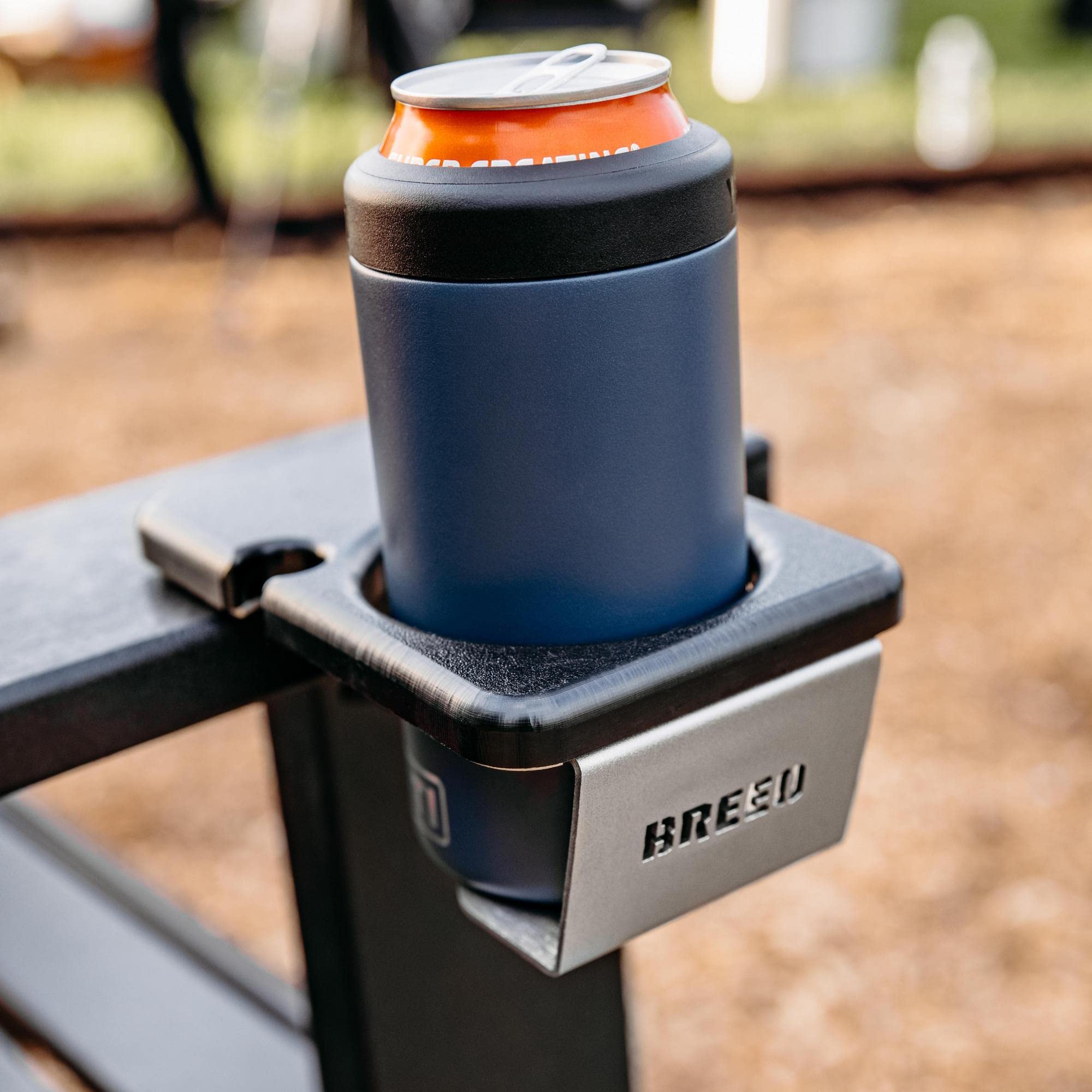Breeo OutRig Cupholder - Outdoor Drink Holder for Camping Chairs - Black Poly Lumber & Stainless Steel - USA Made for Campfire & Fire Pit Use - Weather Resistant, Universal Attachment, Handmade