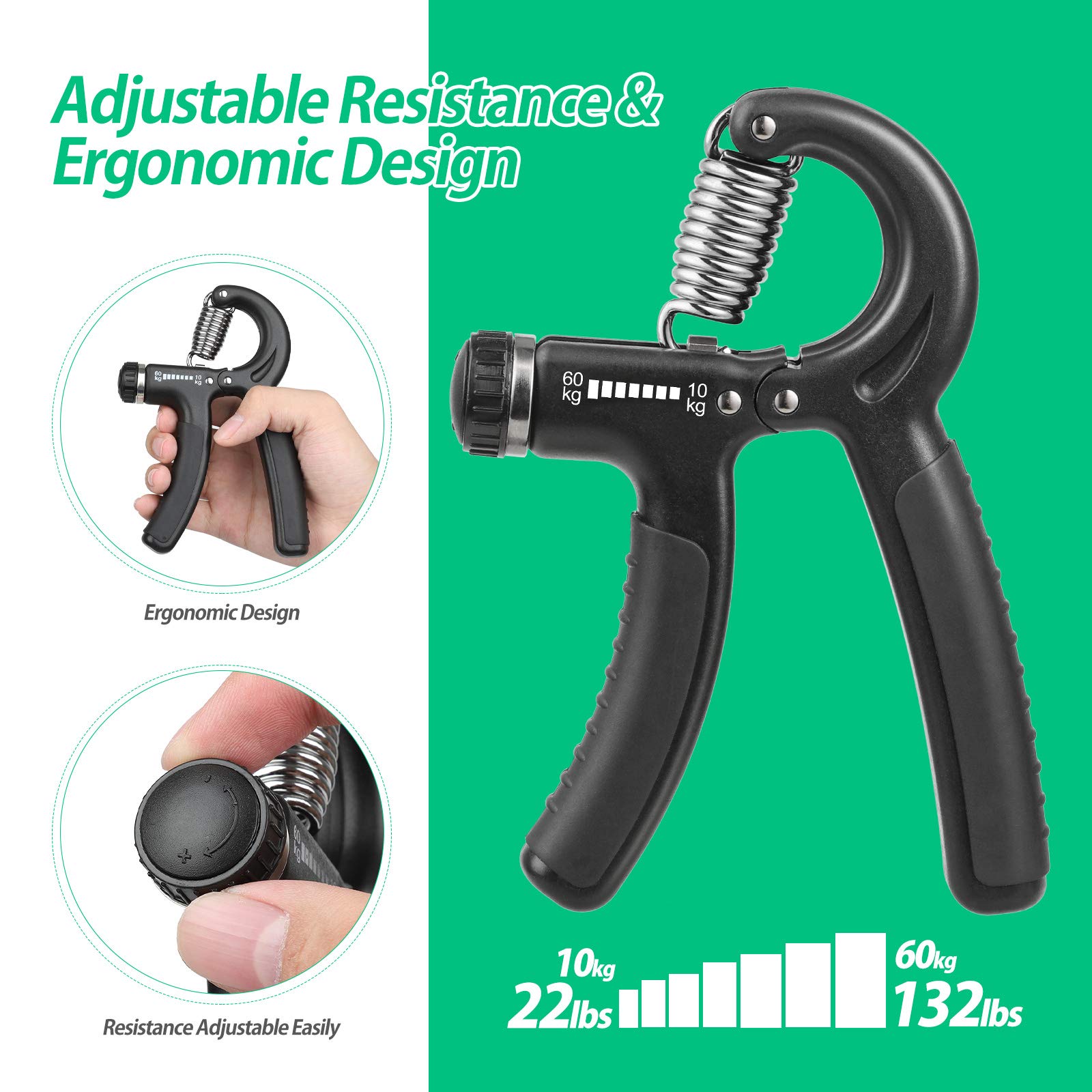 NIYIKOW Grip Strength Trainer, Hand Grip Strengthener, Adjustable Resistance 22-132Lbs (10-60kg), Forearm Strengthener, Perfect for Musicians Athletes (Black, 1 Pack)