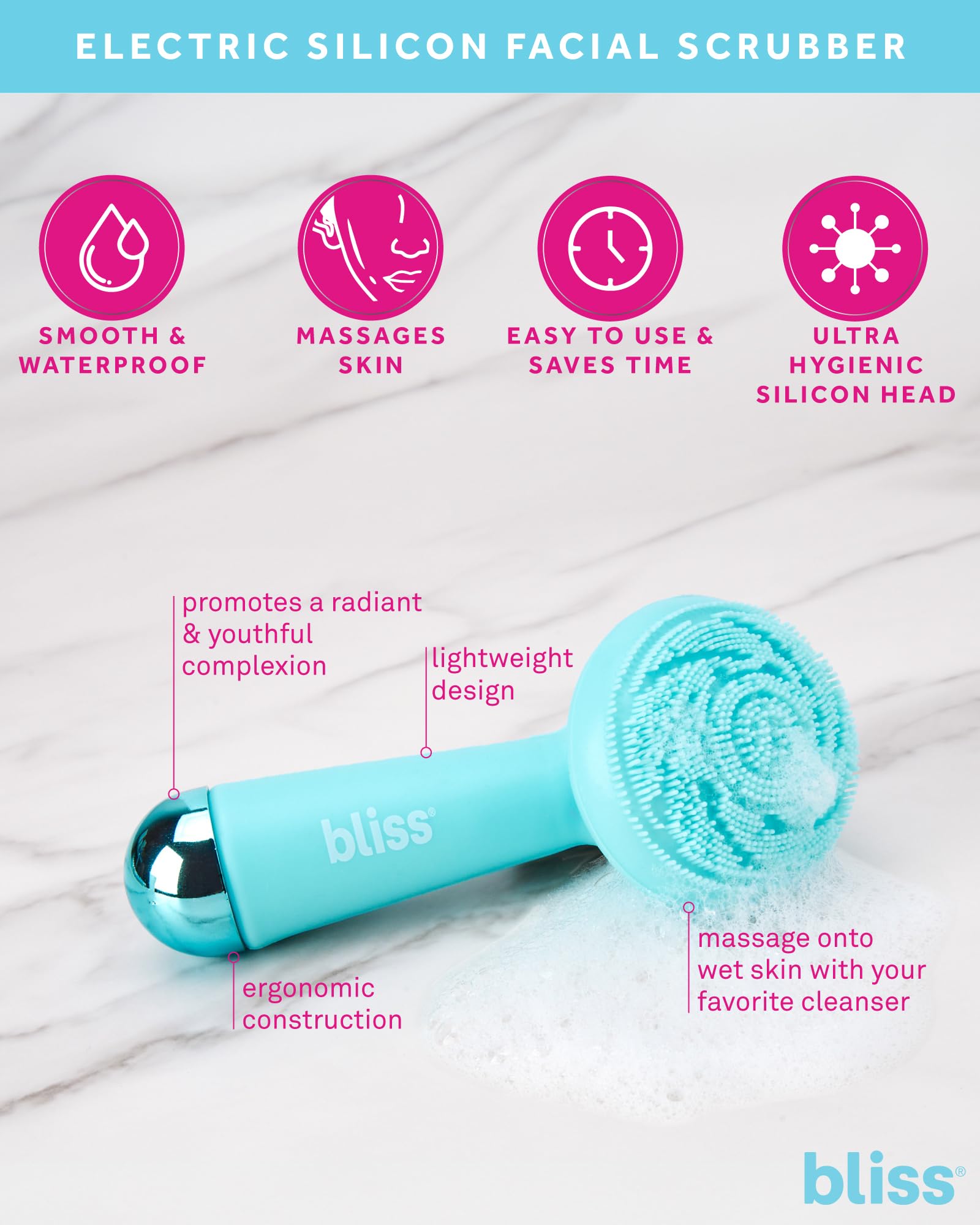 Bliss Facial Cleansing Brush - Electric Silicone Face Scrubber - Facial Massaging and Rejuvenating Skin Scrubber with 4 Modes, Size, Light Blue