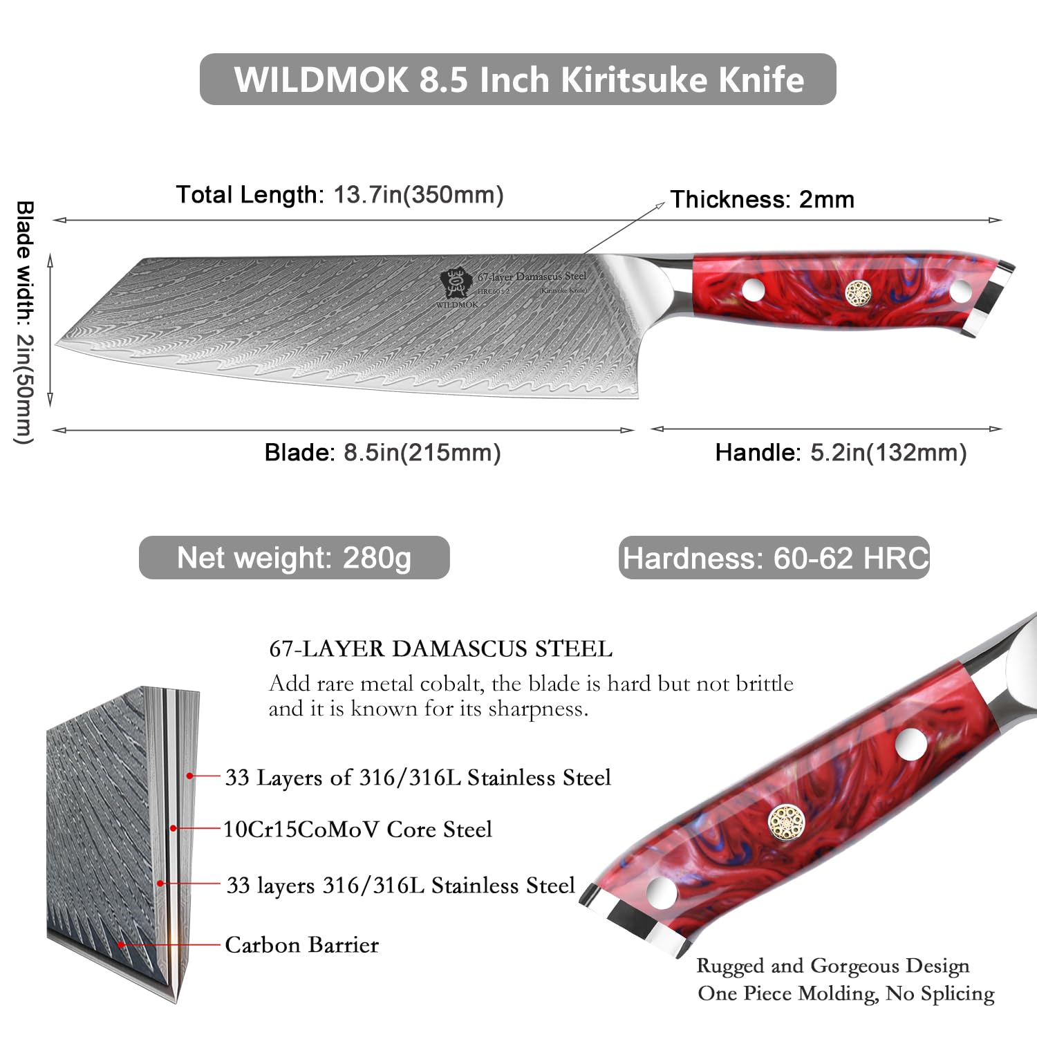 WILDMOK Kiritsuke Knife 8.5 inch, Razor Sharp Vegetable Cleaver, Japanese Chef Knife Damascus Steel, Multipurpose Professional Chef Knife, Ergonomic Resin Handle with Gift Box