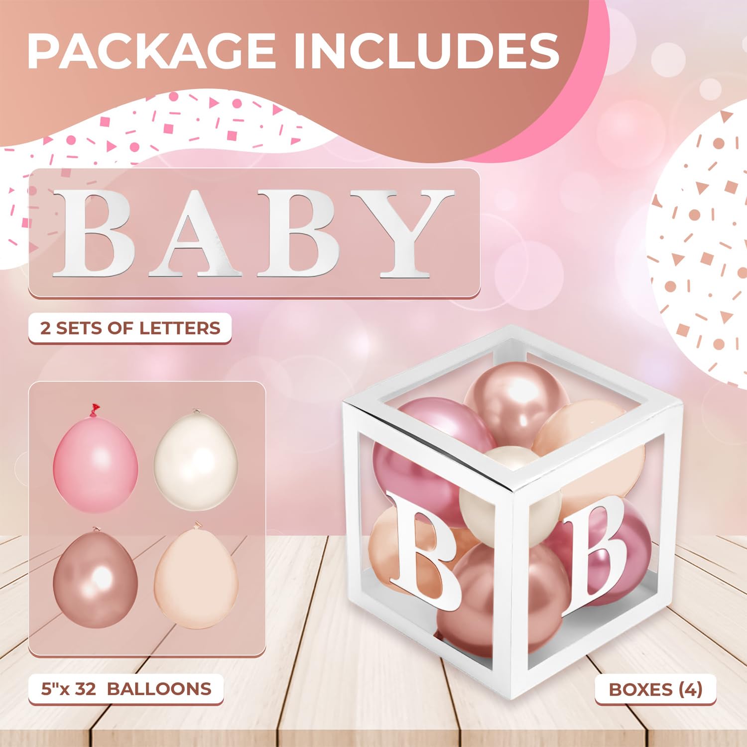 Balloon Garland Arch Kit – 146 Pcs Dusty Pink Balloons & Baby Shower Boxes with Letters – White Boxes with Rose Gold, Dusty Pink, Sand & White Balloons
