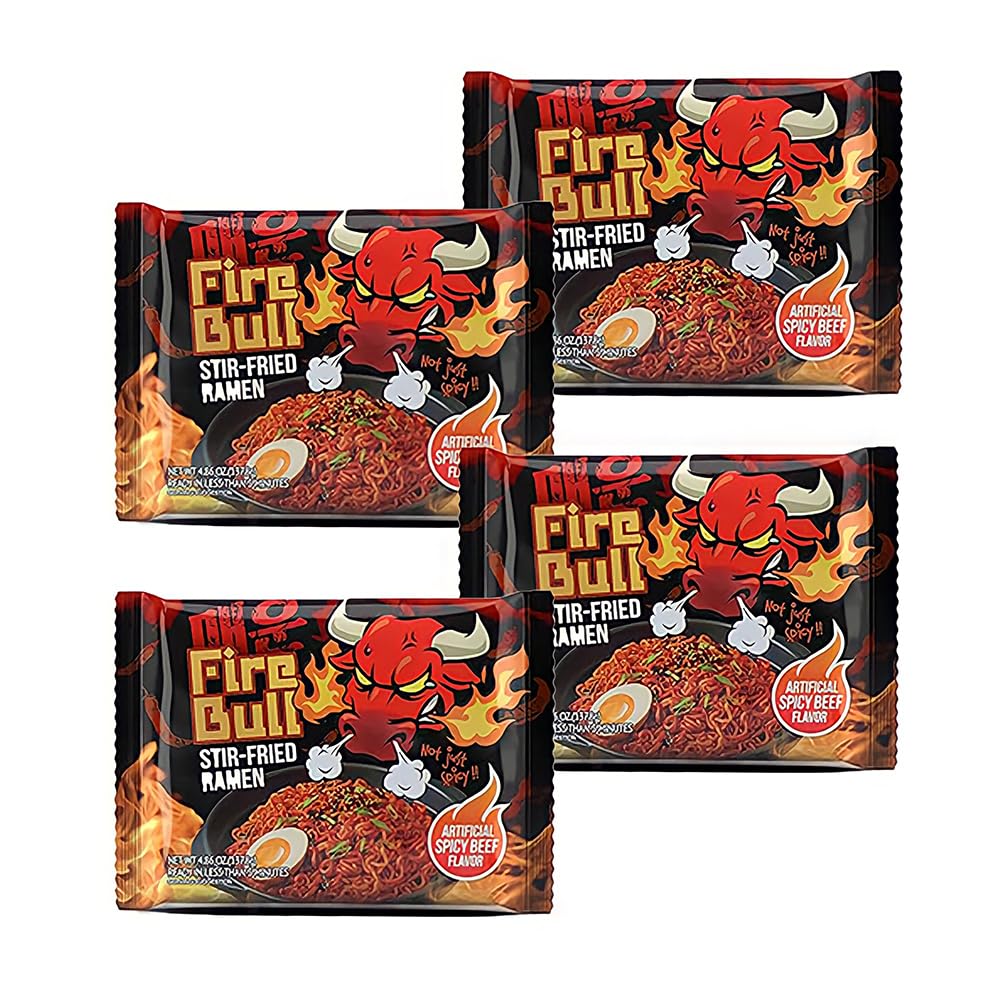 Fire Bull Ramen Intense Spicy Stir-Fried Ramen, Authentic Korean Heat Meets Flavorful Delight | Thick, Chewy Noodles | Quick & Easy Meal (4 Pouches)