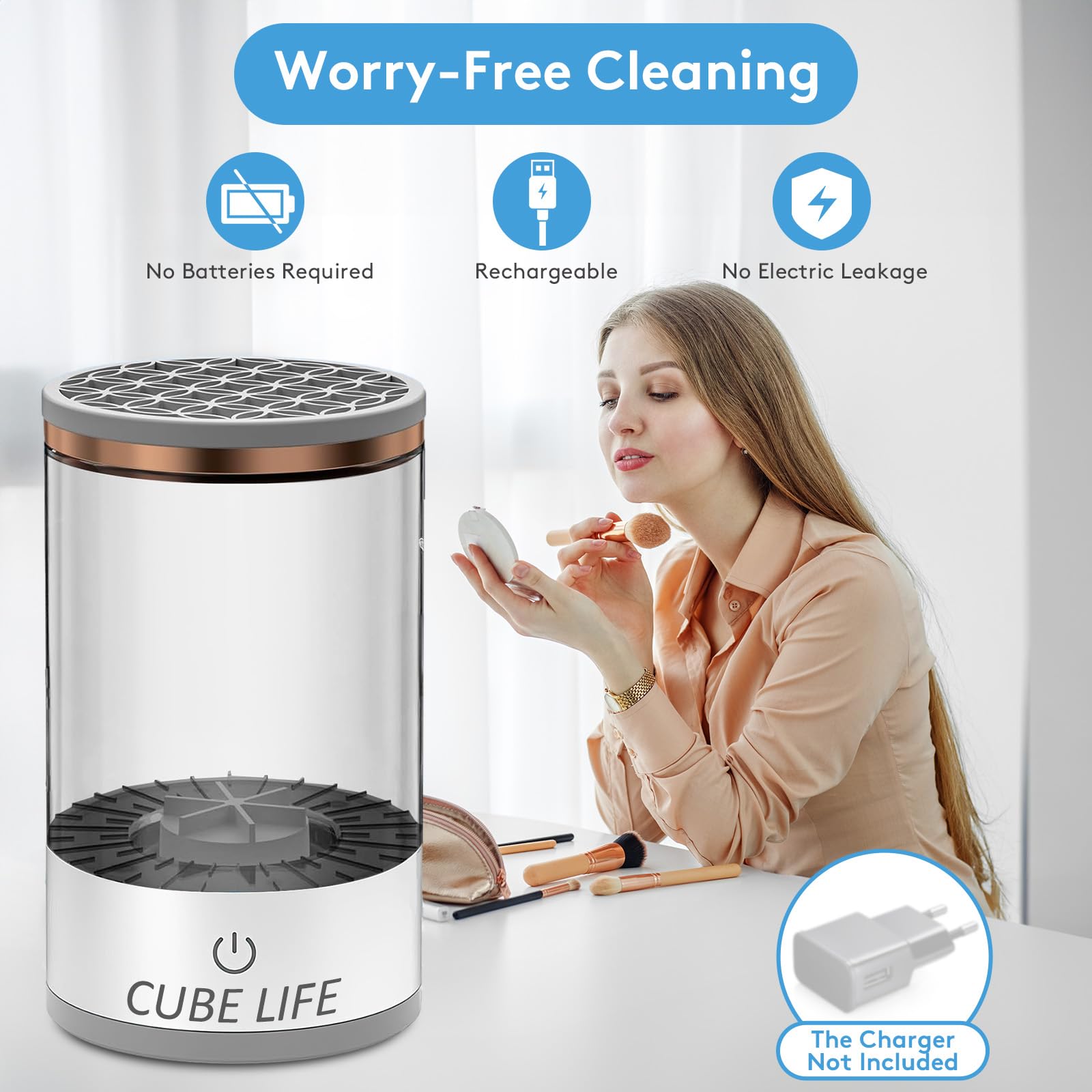 CUBE LIFE Electric Makeup Brush Cleaner, 1200mAh Cosmetic Brush Cleaner Machine, Protable Electric Makeup Brush Cleaner, Automatic Spinning Makeup Brush Cleaner Fit For All Size Makeup Brush