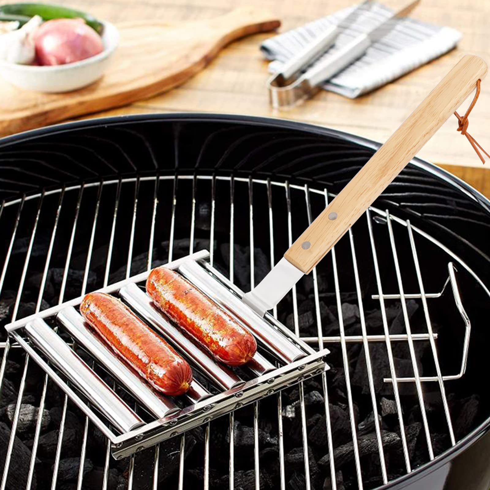 KAYCROWN Hot Dog Roller Stainless Steel Sausage Roller Rack with Extra Long Wood Handle, BBQ Hot Dog Griller For Evenly Cooked Hot Dogs, 5 Hot Dog Capacity