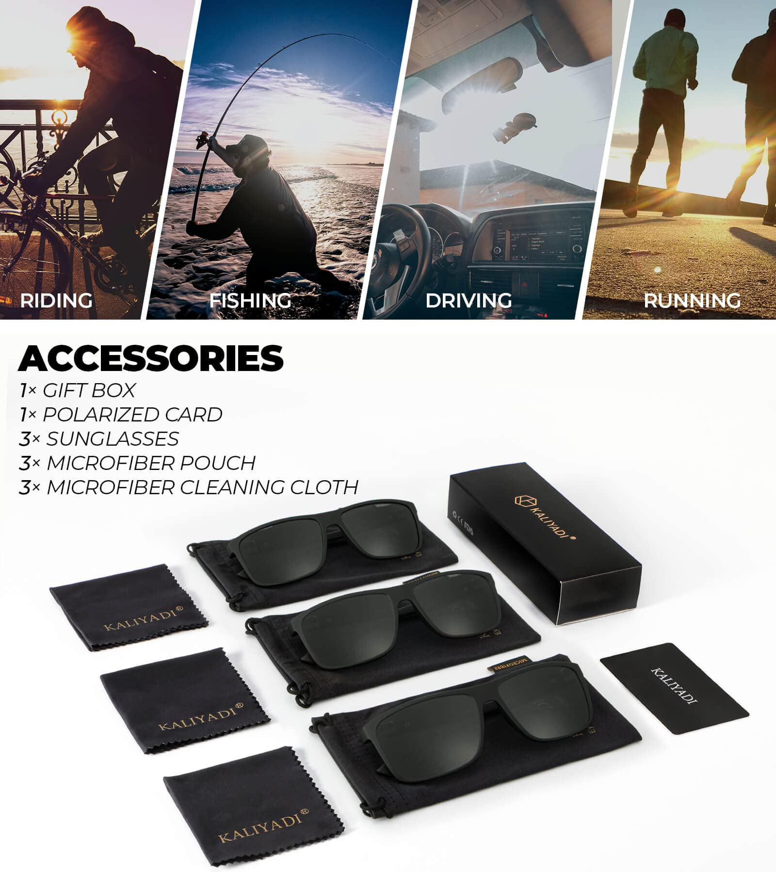KALIYADI Polarized Sunglasses for Men and Women, Mens Sunglasses Polarized with UV Protection for Driving Fishing Golf (3 Packs)