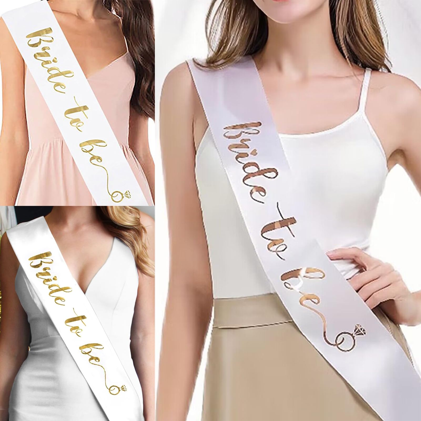 Luwigs Bride to Be Sash for Bridal Shower Bachelorette Party Wedding Engagement Party Favors Gift White Satin Sash with Rose Gold Foil Lettering