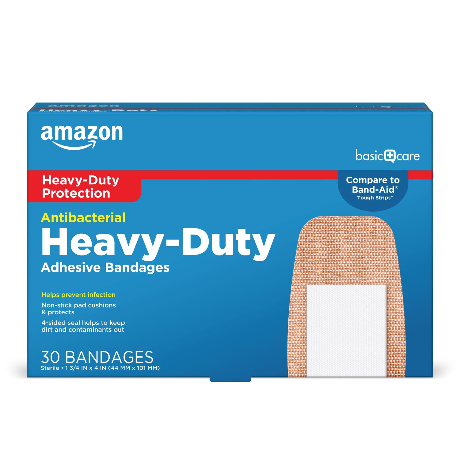 Amazon Basic Care Antibacterial Heavy Fabric Adhesive Bandages, Tough & Flexible Non-Stick Pad Cushion, Helps Prevent Infection Skin Protection, 1.75 x 4 inches (30 Count)