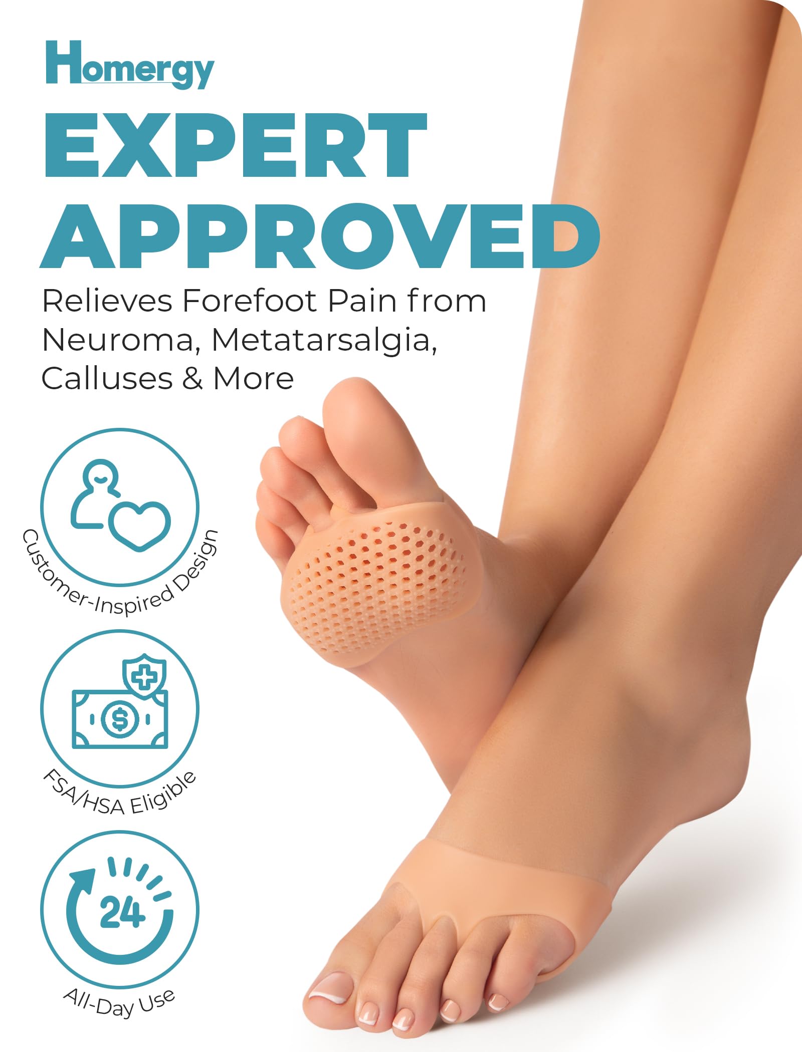 Homergy Metatarsal Foot Pads for Pain Relief - 4 Pack Soft Gel Reusable Breathable Sleeve Pads, Foot Cushions, Forefoot Cushioning Shoe Supports for Women and Men