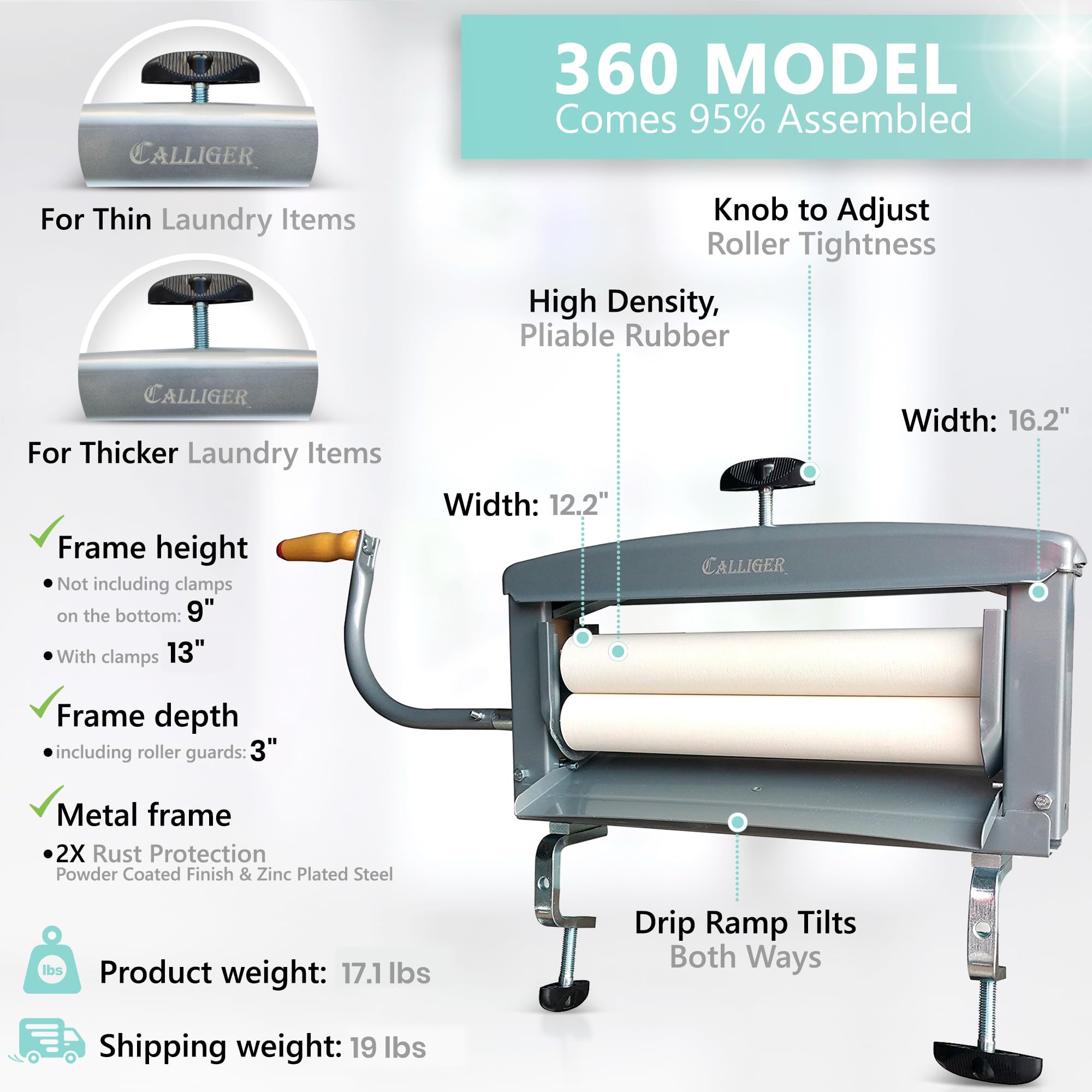 Calliger Clothes Wringer - Better Moisture Removal than Portable Washing Machine/Portable Dryer - Heavy Duty Off Grid Perfect Towel/Laundry Wringer for Chamois Cloth, Tile Sponge, etc.