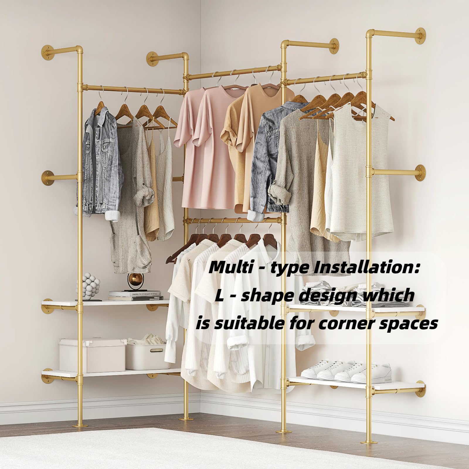 Woskar Industrial Pipe Clothing Rack, Wall Mounted Clothes Rack for Hanging Clothes, Retail Display Rack with Shelves, Add Corner installation Method (Gold, III-2Tier)