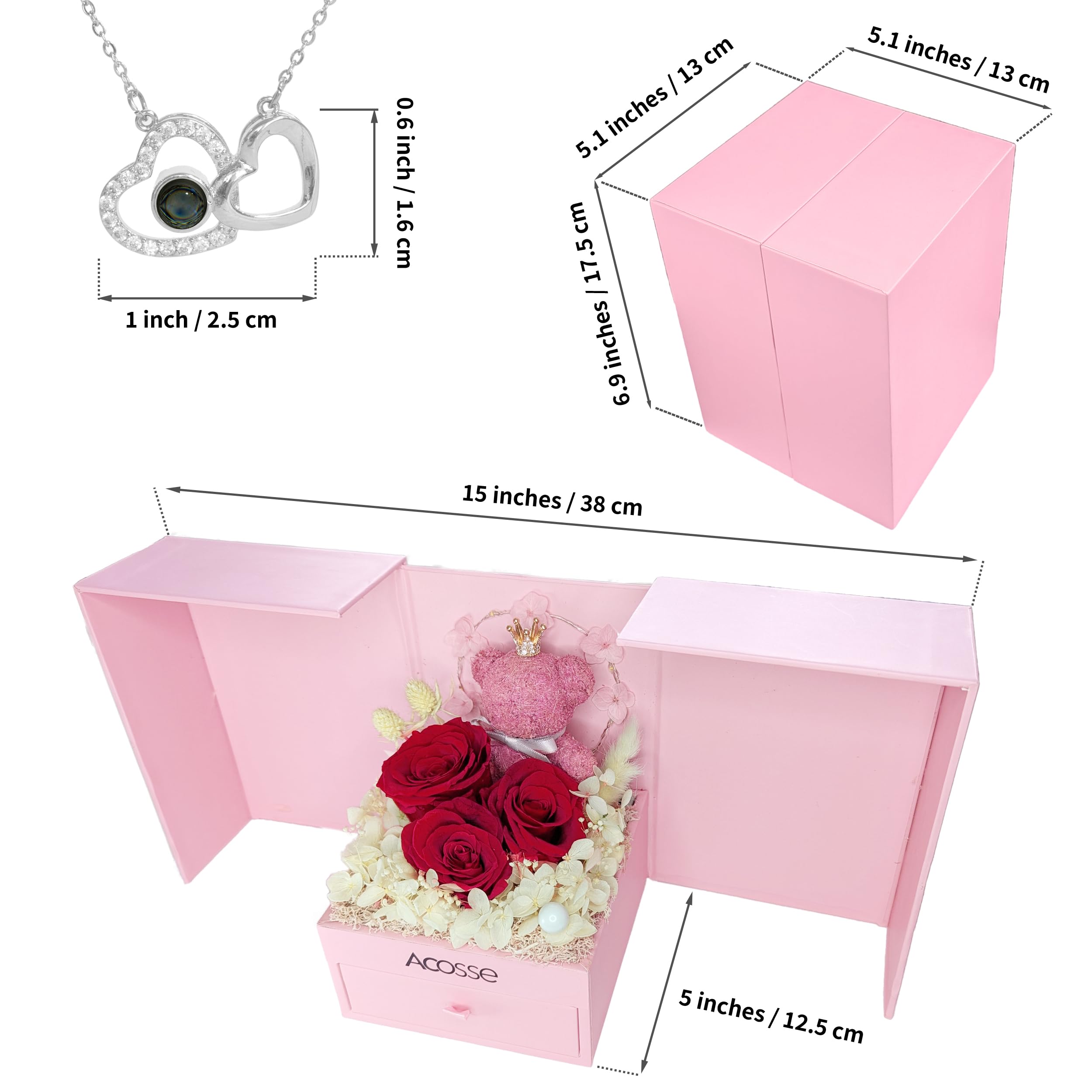 Dual Lights Preserved Forever Real Red Rose Gift for Women, Mom Wife Grandma Girlfriend on Birthday, Anniversary, Christmas, New Year, Forever Flowers with Crown Bear and I Love You necklace, Pink