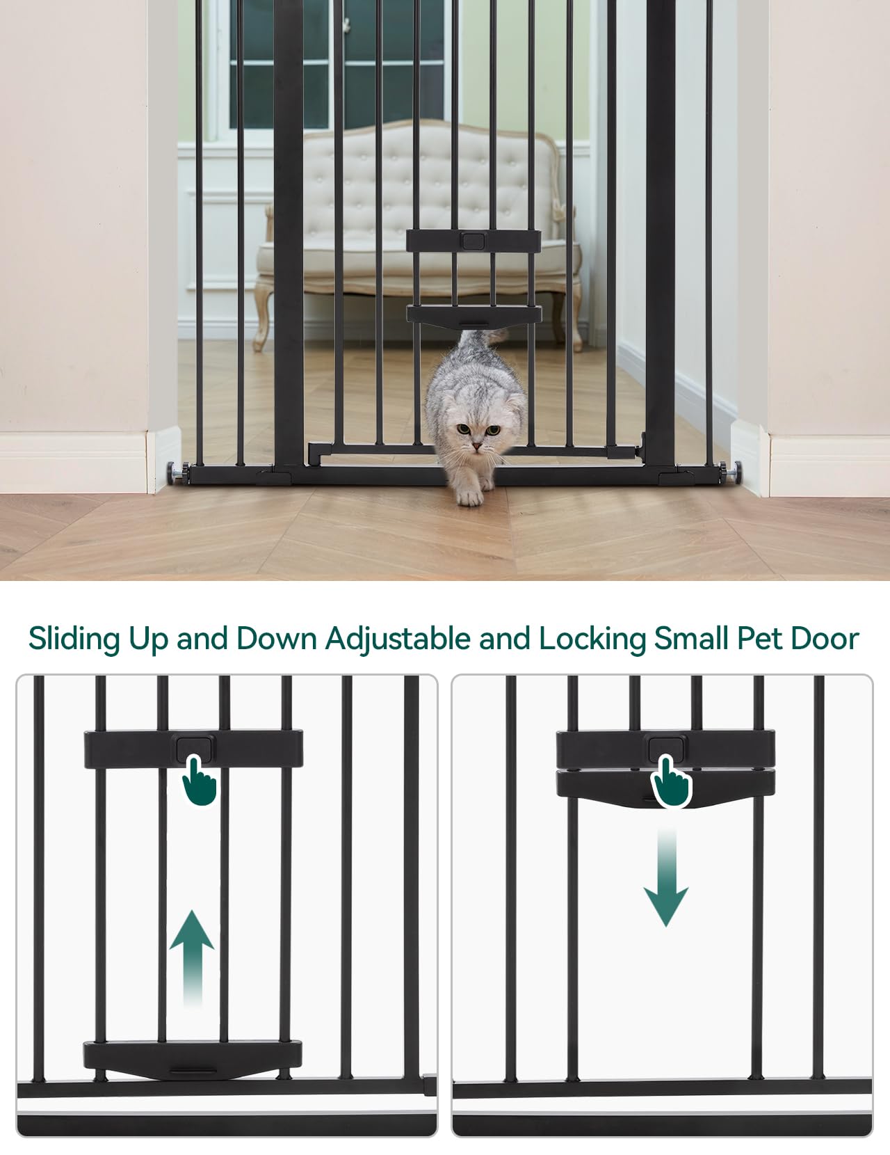 BABELIO New Version Baby Gate with Cat Door Adjustable, 29-40" Metal Dog Gate for Stairs & Doorways, Pressure Mounted Safety Gate with Pet Door, NO Tools Needed, Black