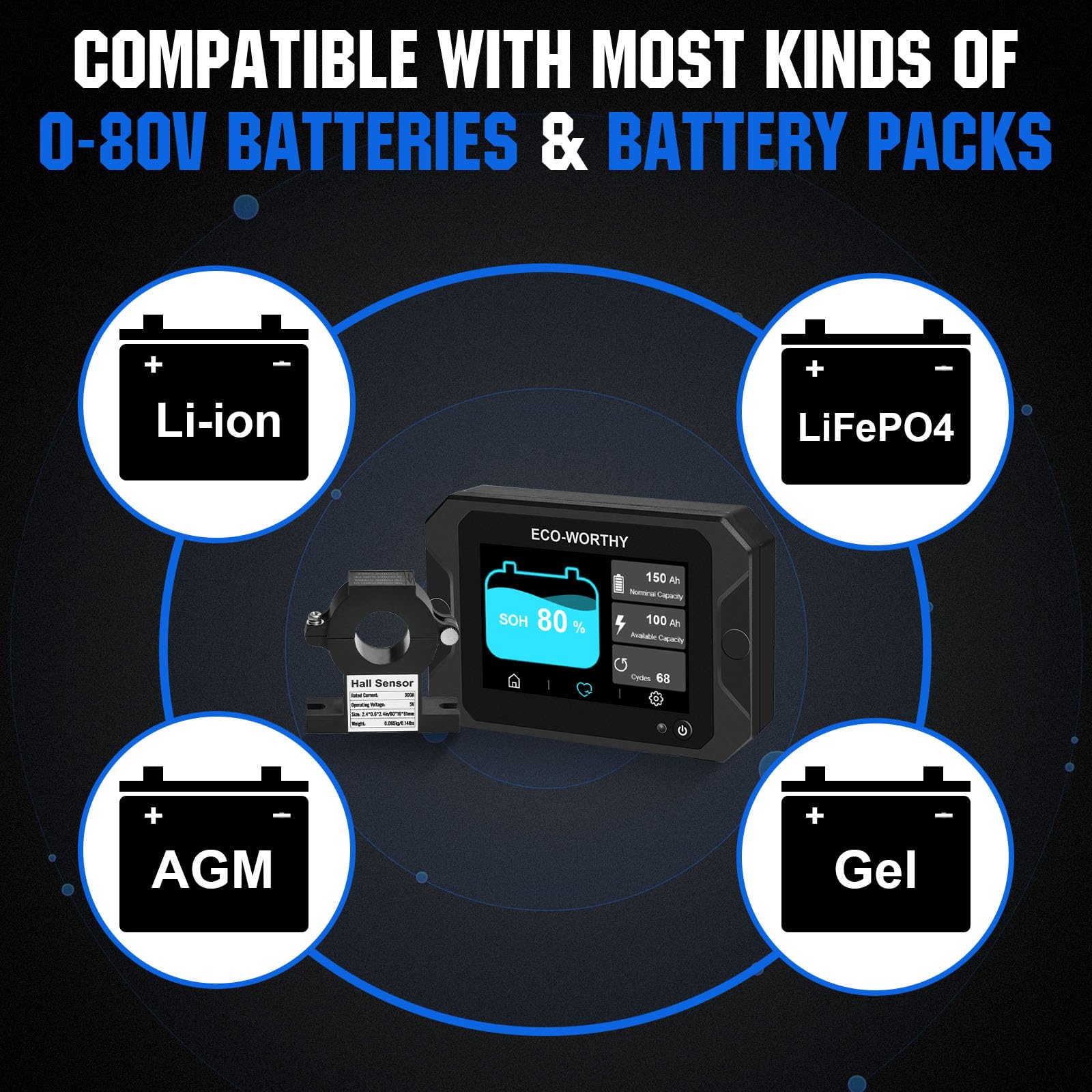ECO-WORTHY Battery Monitor with Hall Sensor Touchable Display, 9-80V 300A Battery Monitor with Alarm, for Li-ion/LiFePO4/AGM/Gel Battery in Golf Cart/RV/Solar System