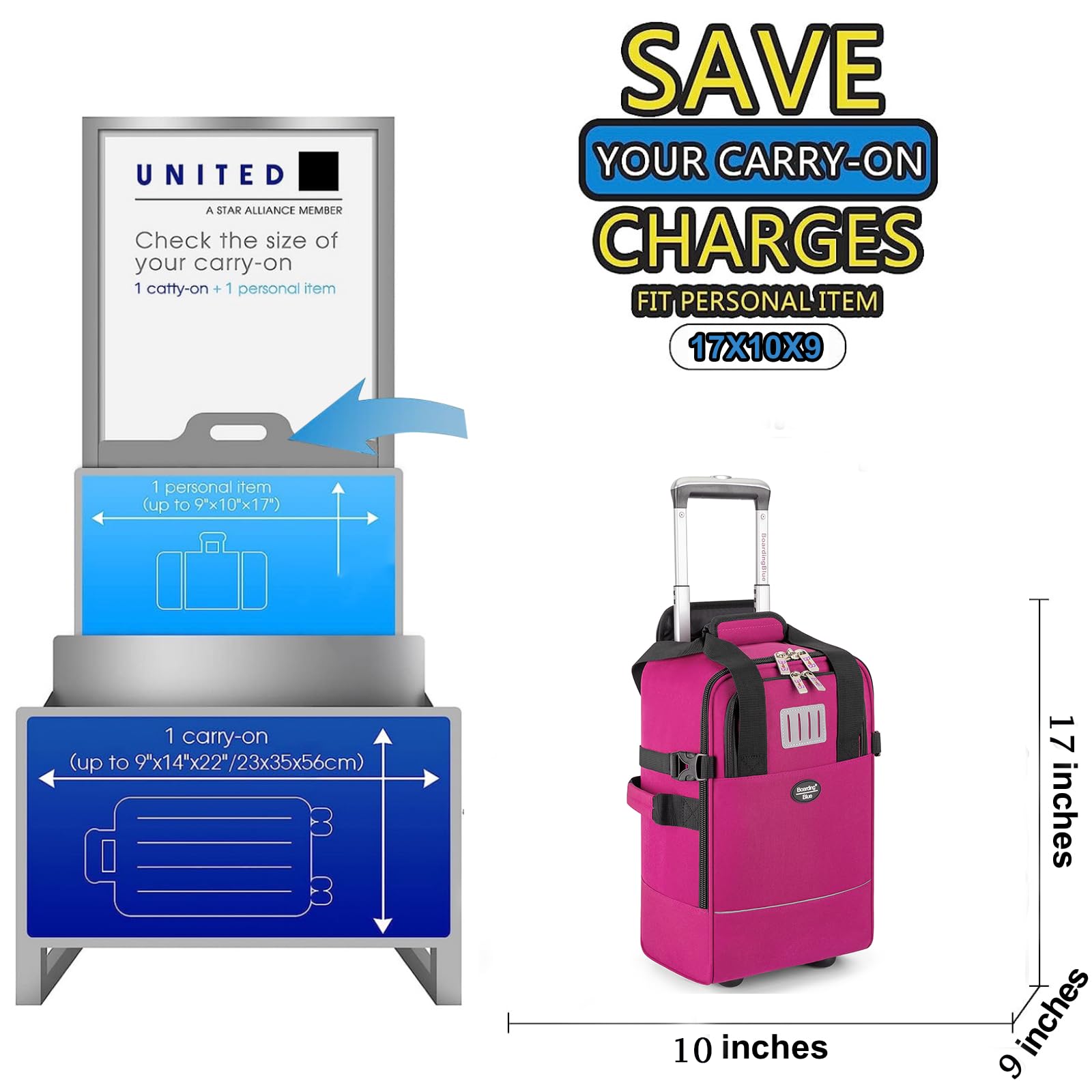 Boardingblue 17x10x9 Inches United Airlines Rolling Personal Item Under Seat Duffle Bag Luggage Suitable For Major Airlines Including Spirit and Frontier (Purple, 17x10x9 Inches)