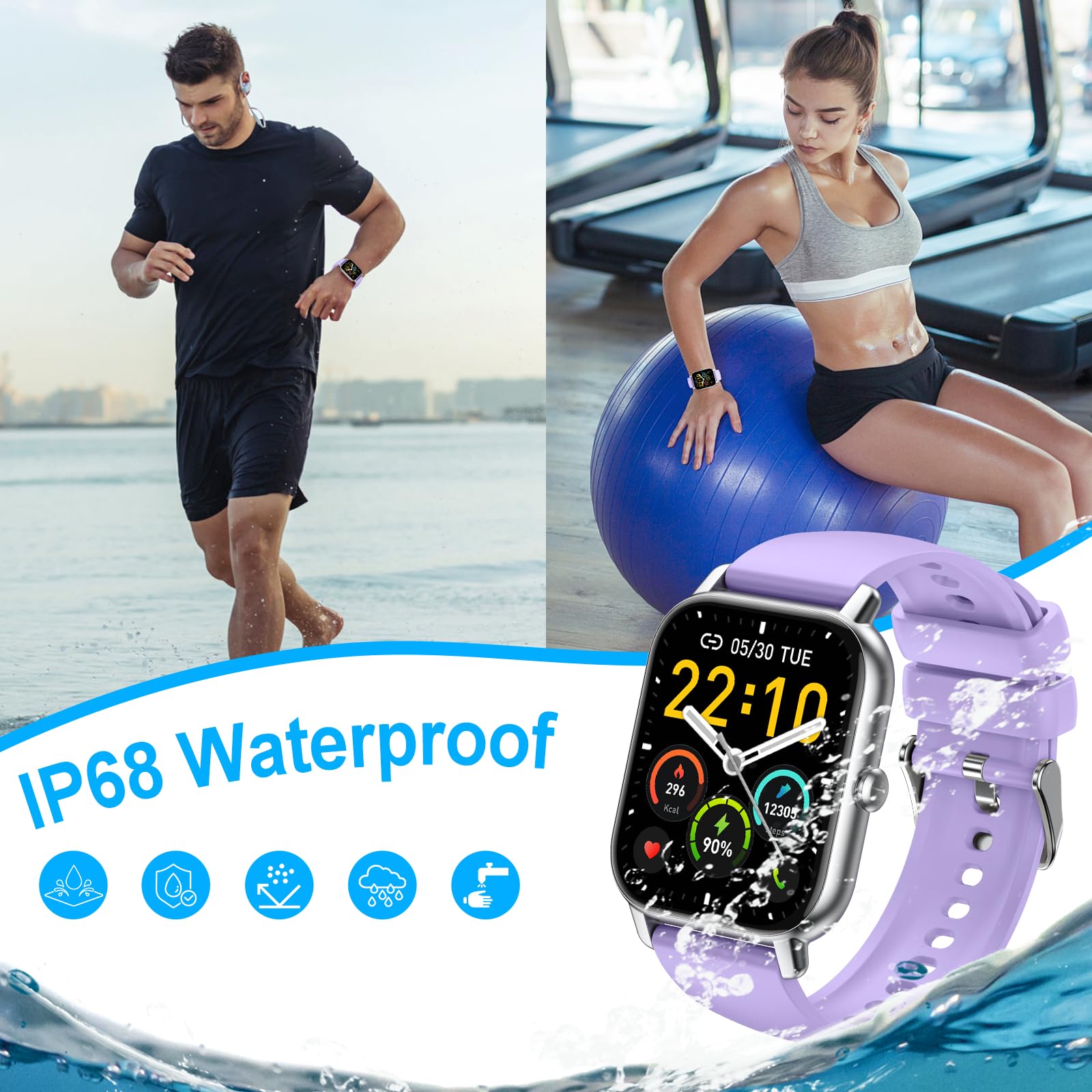 Smart Watch(Answer/Make Call), 1.85" Smartwatch for Women IP68 Waterproof, 100+ Sport Modes, Fitness Activity Tracker Heart Rate Sleep Monitor Pedometer, Smart Watches for Android iOS, Lavender Purple