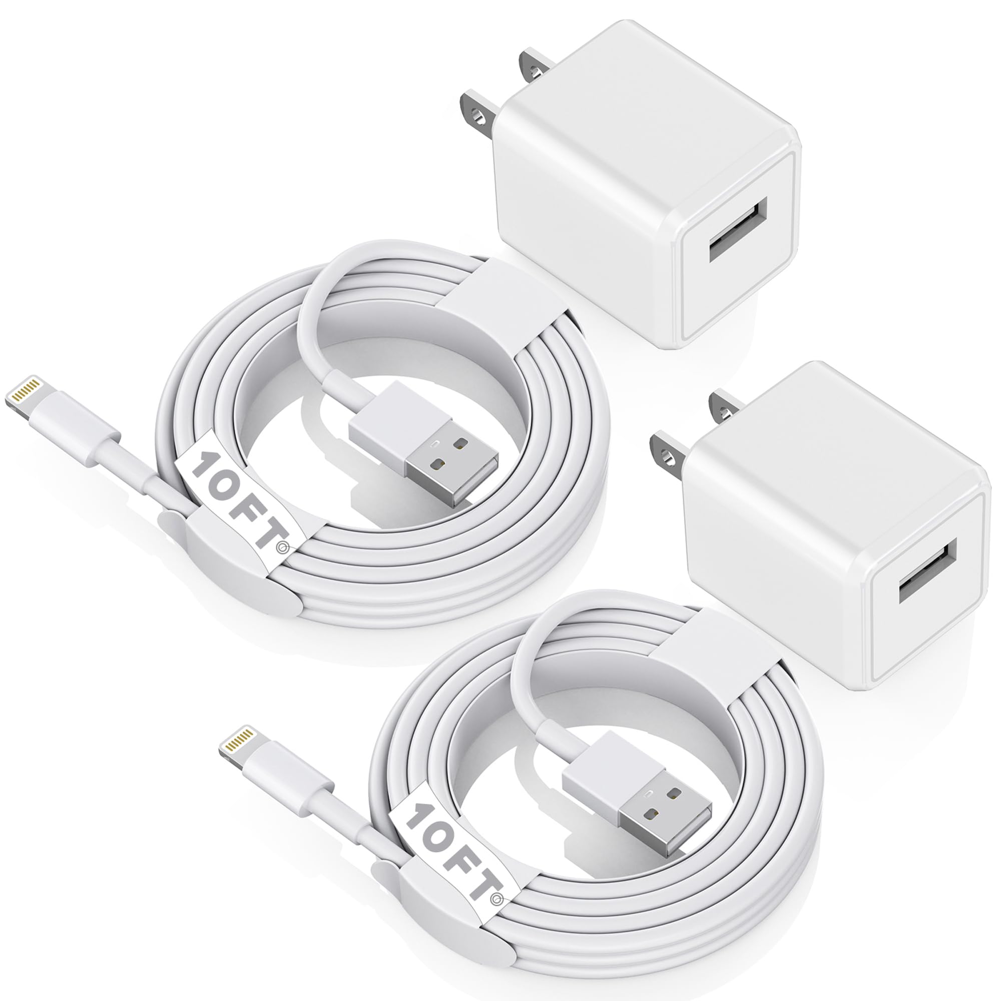 iPhone Charger 10ft, [MFi Certified] Long Lightning Cable Data Sync Charging Cords with USB Wall Charger Travel Plug Adapter for iPhone 13 12 11 Pro Max/SE 2020/X/XR/8/7/6/iPad and More(2Pack)